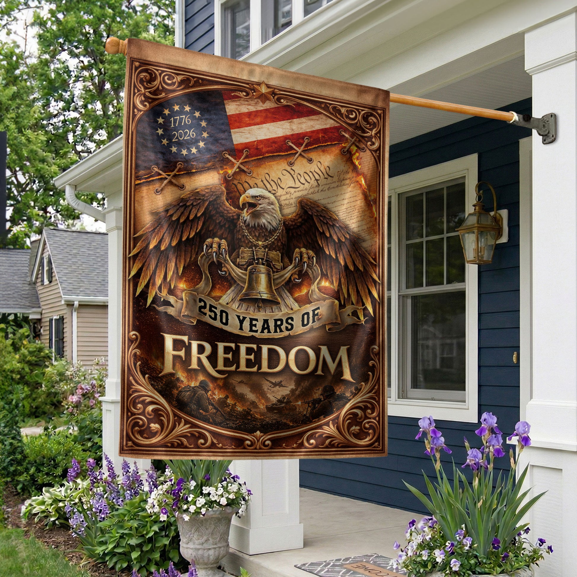 250th Anniversary House Flag 1776-2026 Eagle Freedom Patriotic Outdoor Banner - Rust Field Wear