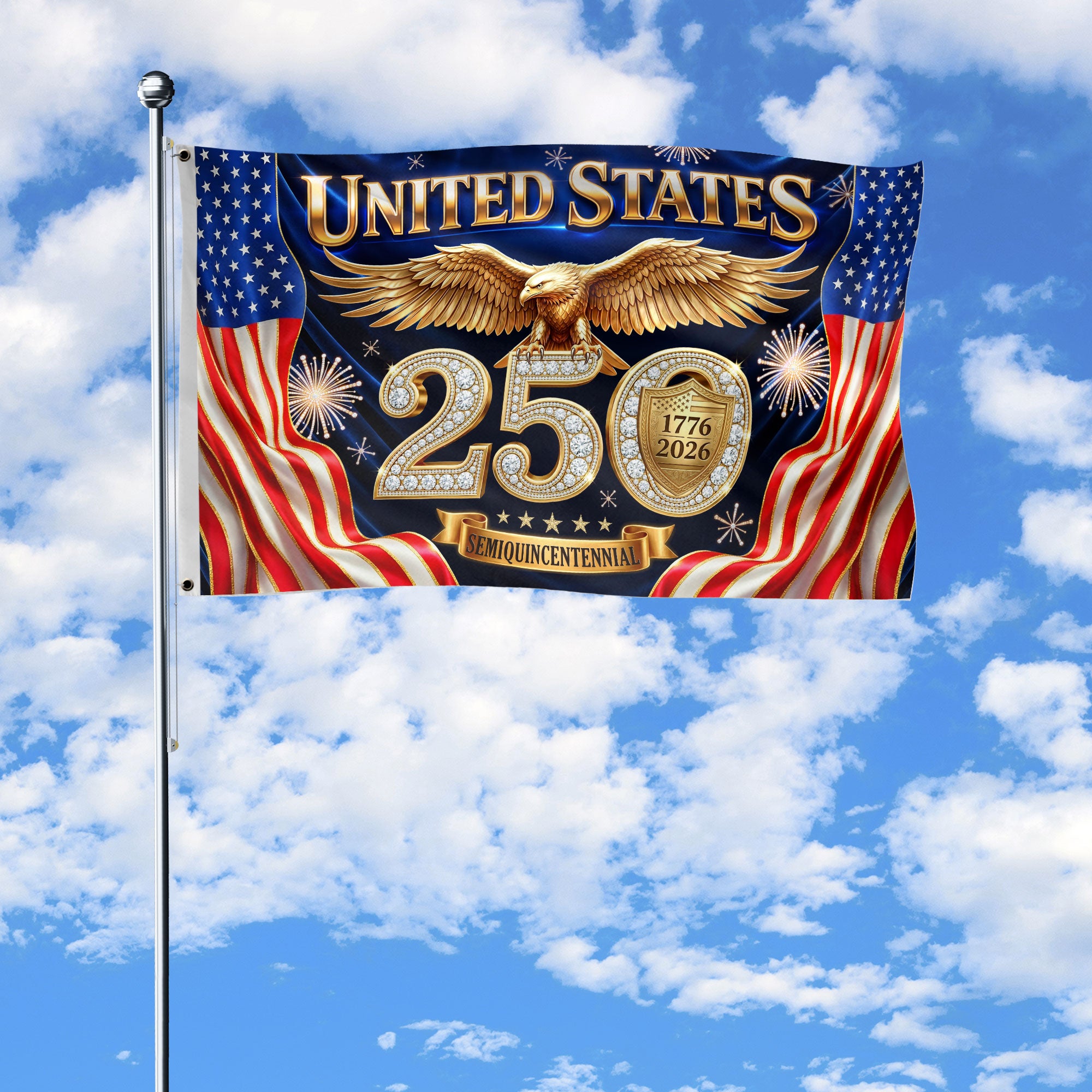 American Flag Stripes Gold Eagle Luxury Patriotic Banner US 1776 2026 Anniversary 3x5ft