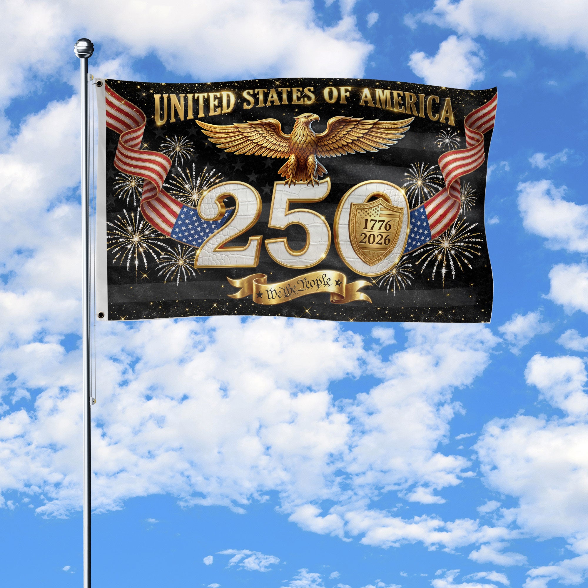 Gold Eagle Fireworks We The People Patriotic American Banner Flag US 1776 2026 Party 3x5ft