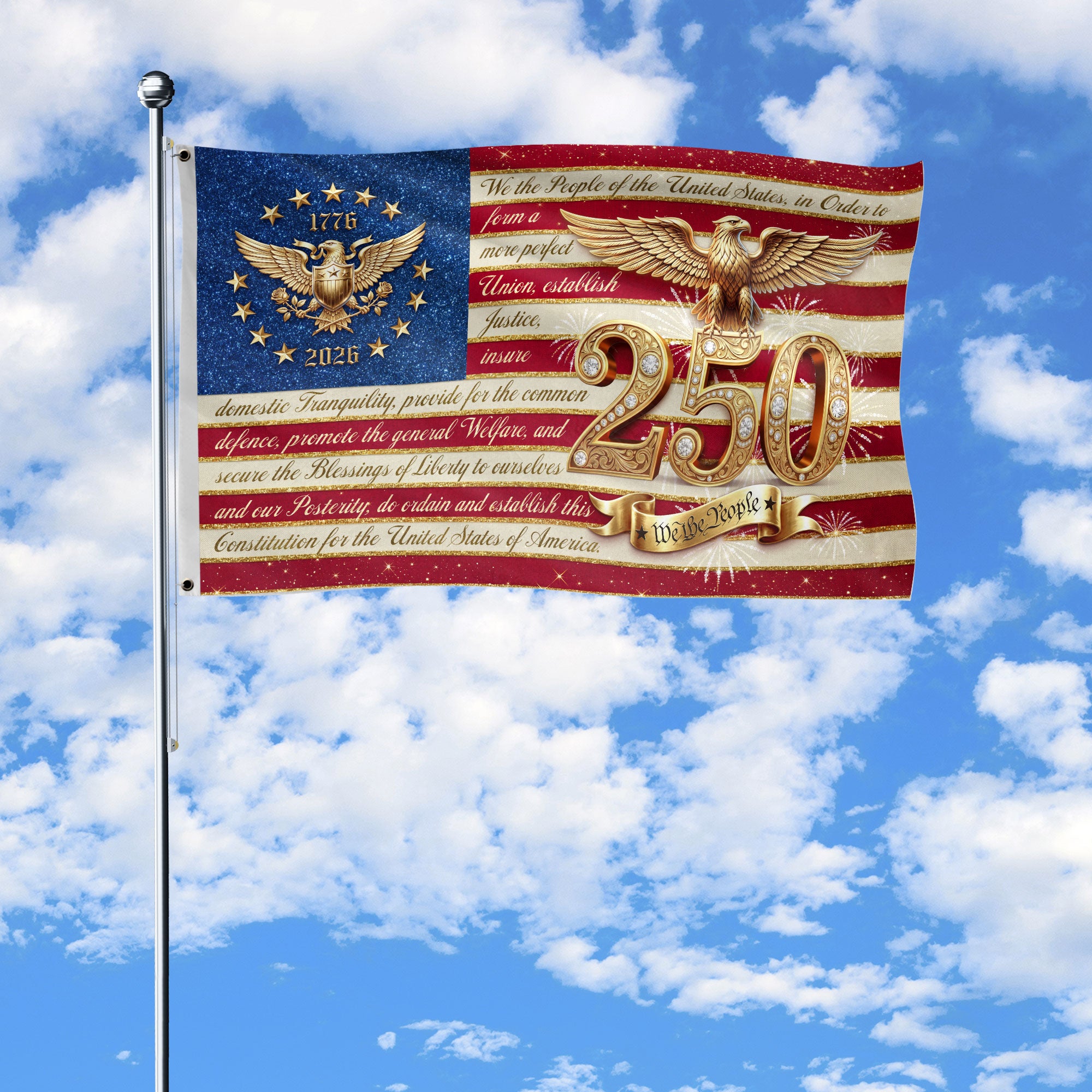 USA 250 Years Patriotic Flag - Golden Eagle & Diamond Constitution Banner 1776-2026