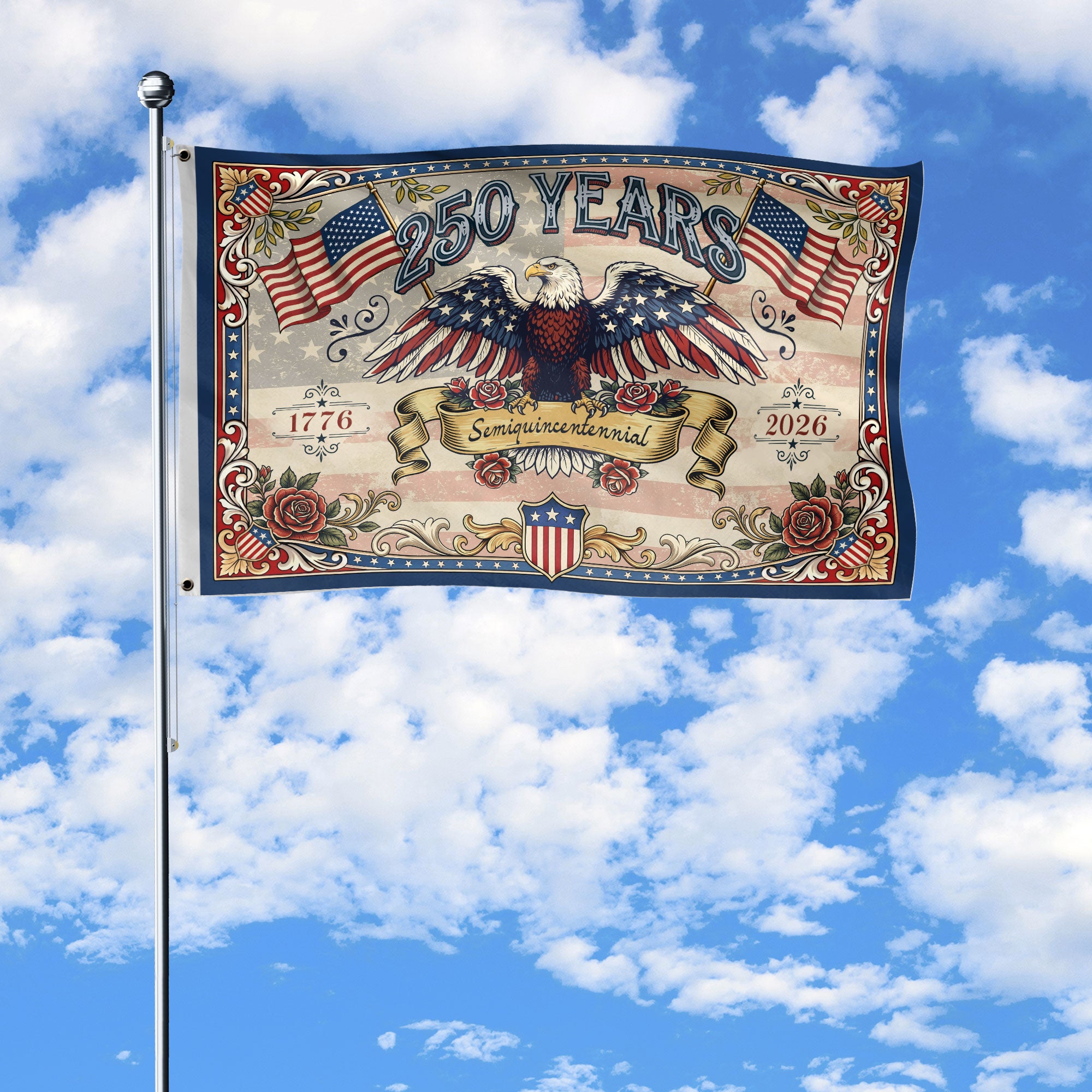 USA 250 Years Commemorative Flag - Vintage Eagle and Roses Patriotic Outdoor Banner