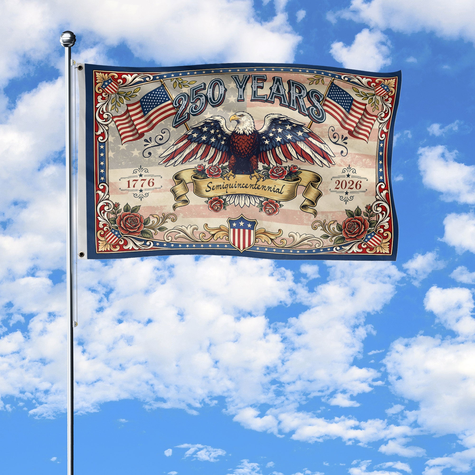 USA 250 Years Commemorative Flag - Vintage Eagle and Roses Patriotic Outdoor Banner