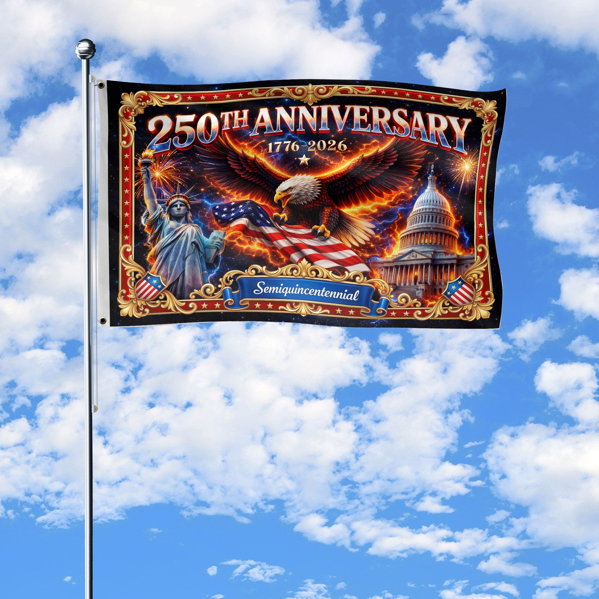 USA 250th Anniversary Flag - Iconic Statue of Liberty & Bald Eagle Patriotic Banner