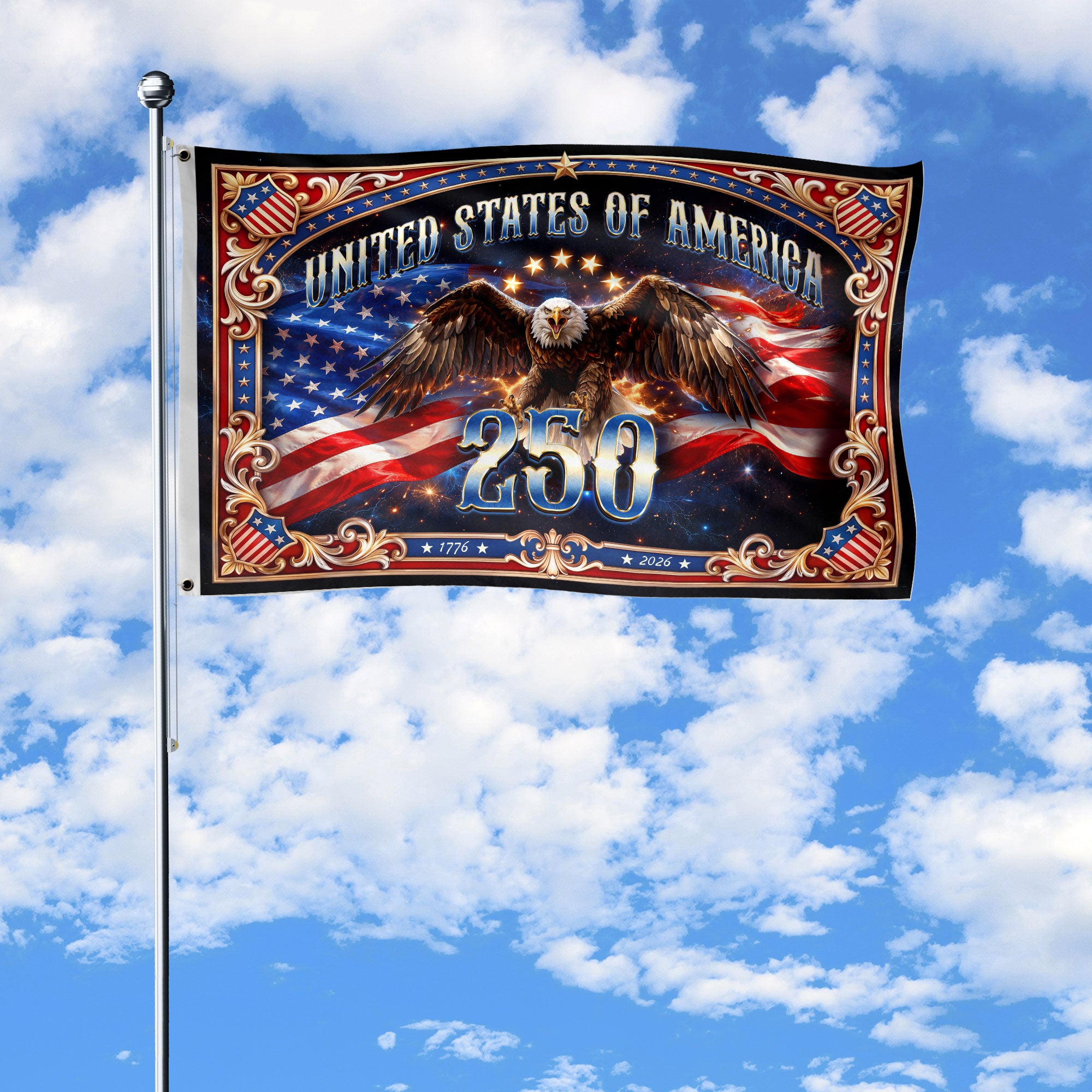 USA 250 Years Patriotic Flag - Majestic Bald Eagle & Stars Outdoor Banner 1776-2026