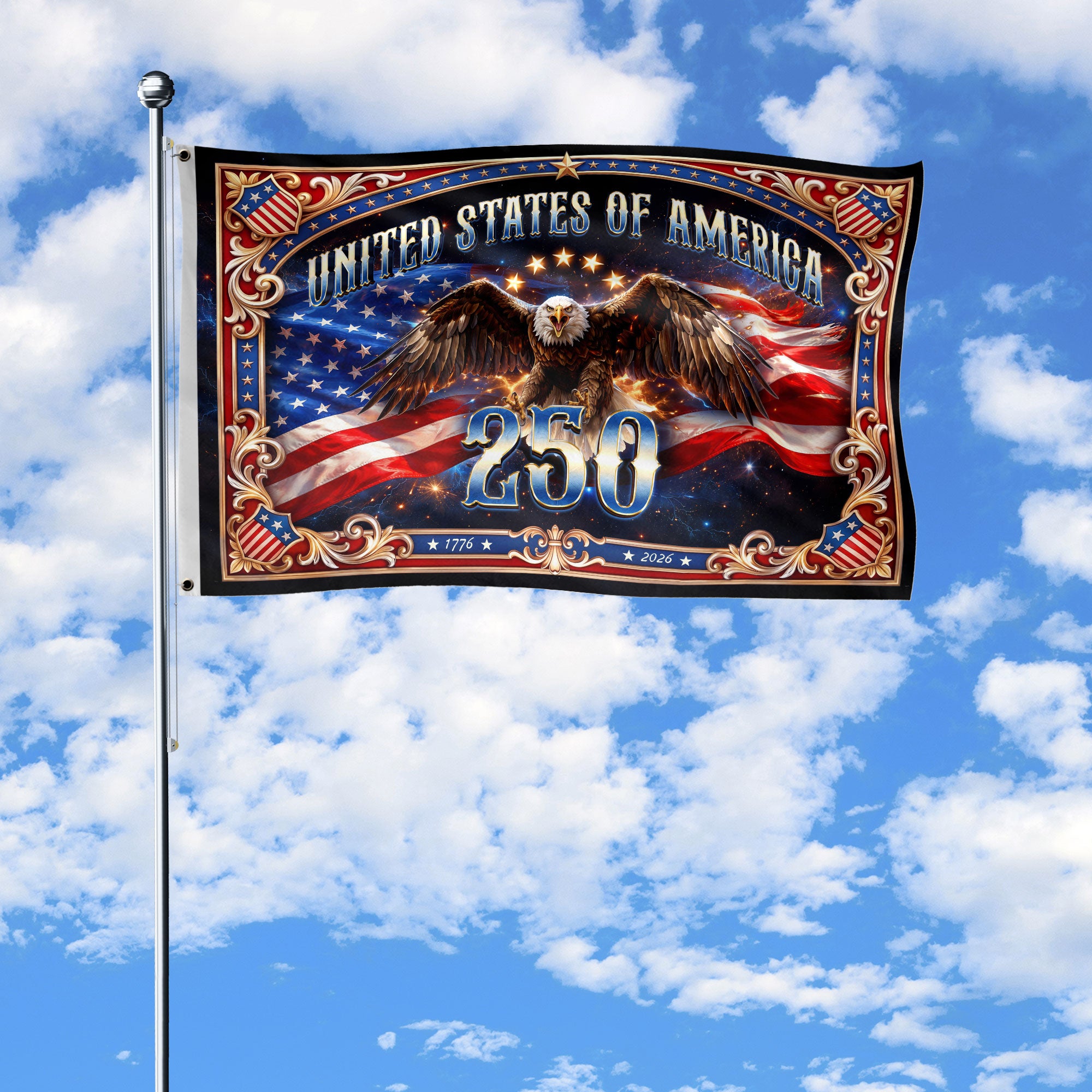 USA 250 Years Patriotic Flag - Majestic Bald Eagle & Stars Outdoor Banner 1776-2026