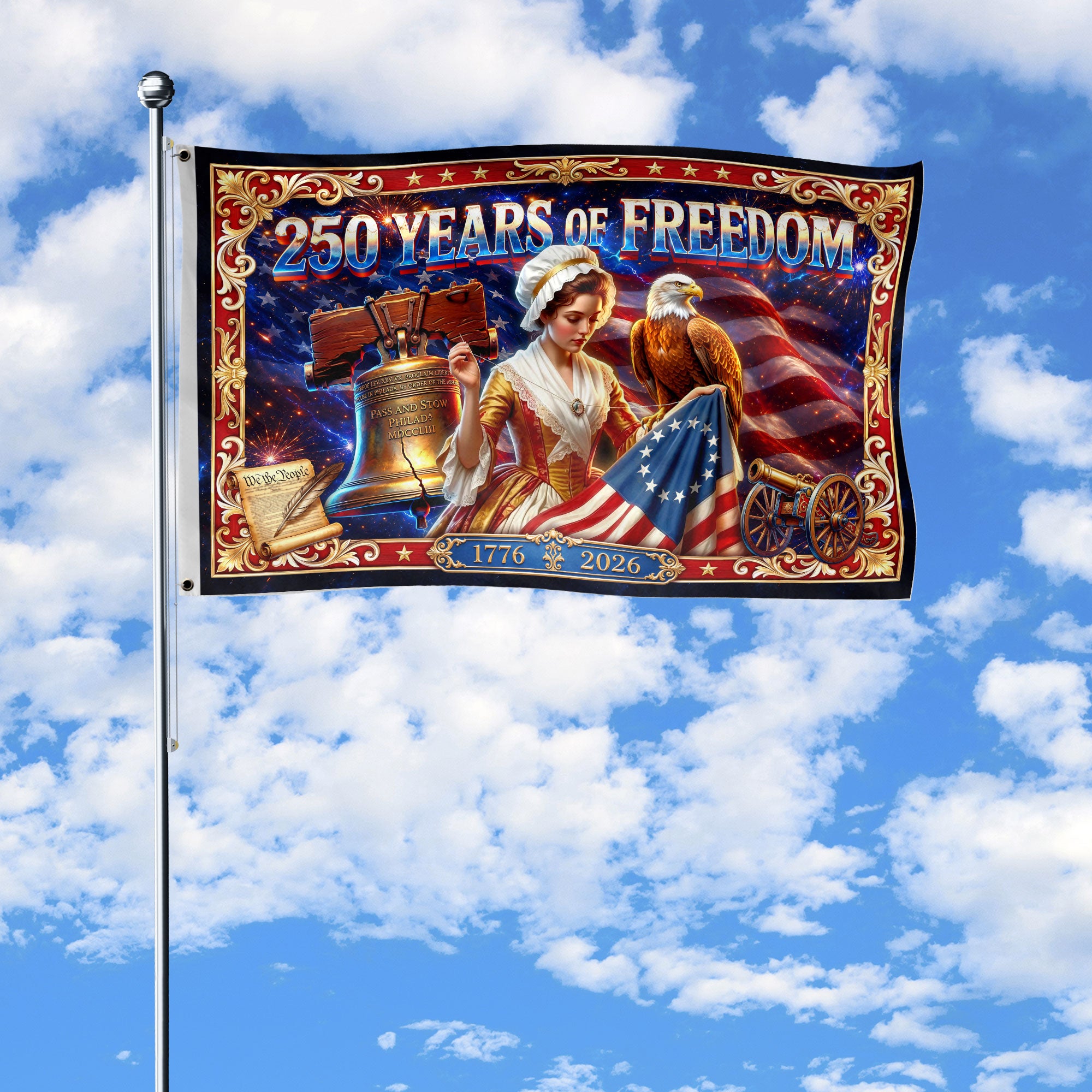 USA 250 Years of Freedom Flag - Betsy Ross & Liberty Bell Patriotic Banner 1776-2026