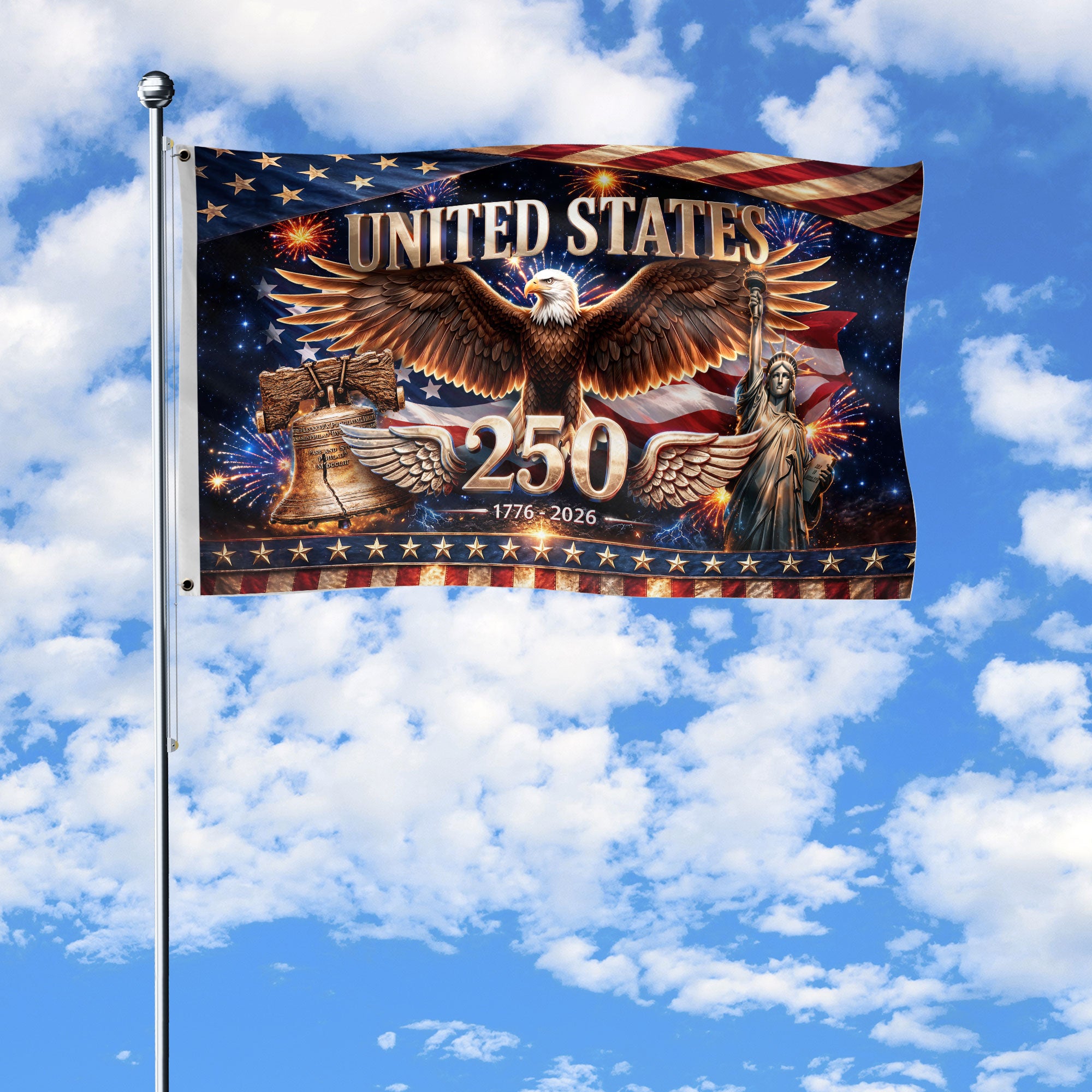 United States 250 Years Flag - Iconic Liberty Bell & Statue of Liberty Patriotic Banner