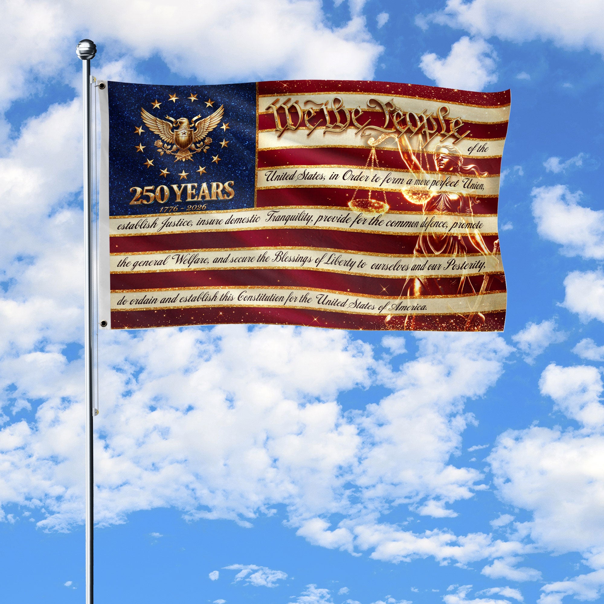 250 Years 1776-2026 American Flag We The People Constitution Preamble Lady Justice Banner