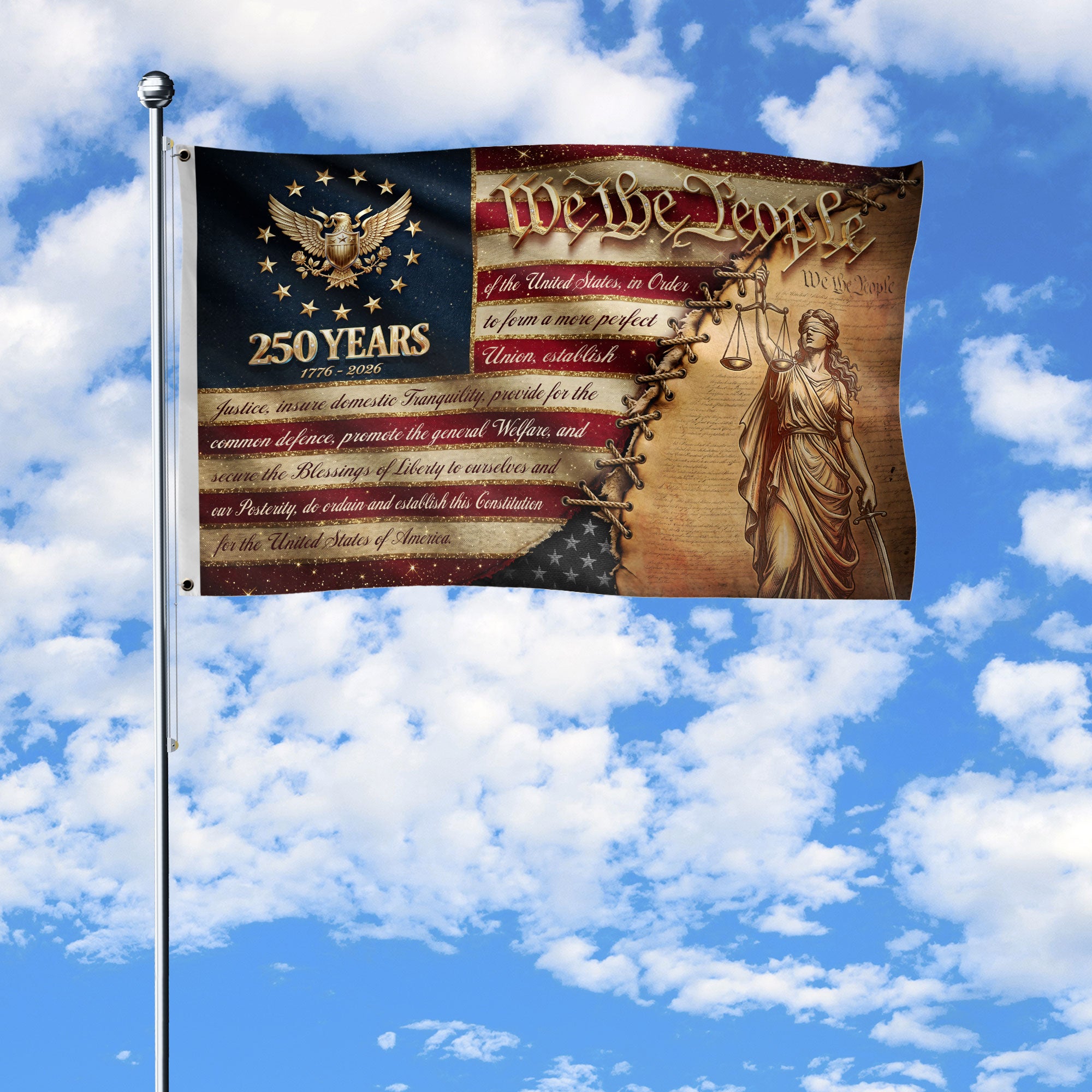 250 Years 1776-2026 Flag We The People Preamble Constitution Lady Justice Patriotic Banner