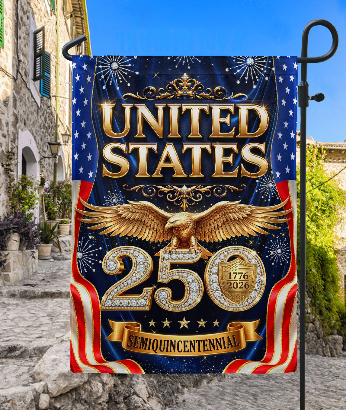 USA 250th Anniversary Garden Flag - Golden Eagle & Diamonds Patriotic Decor 1776-2026