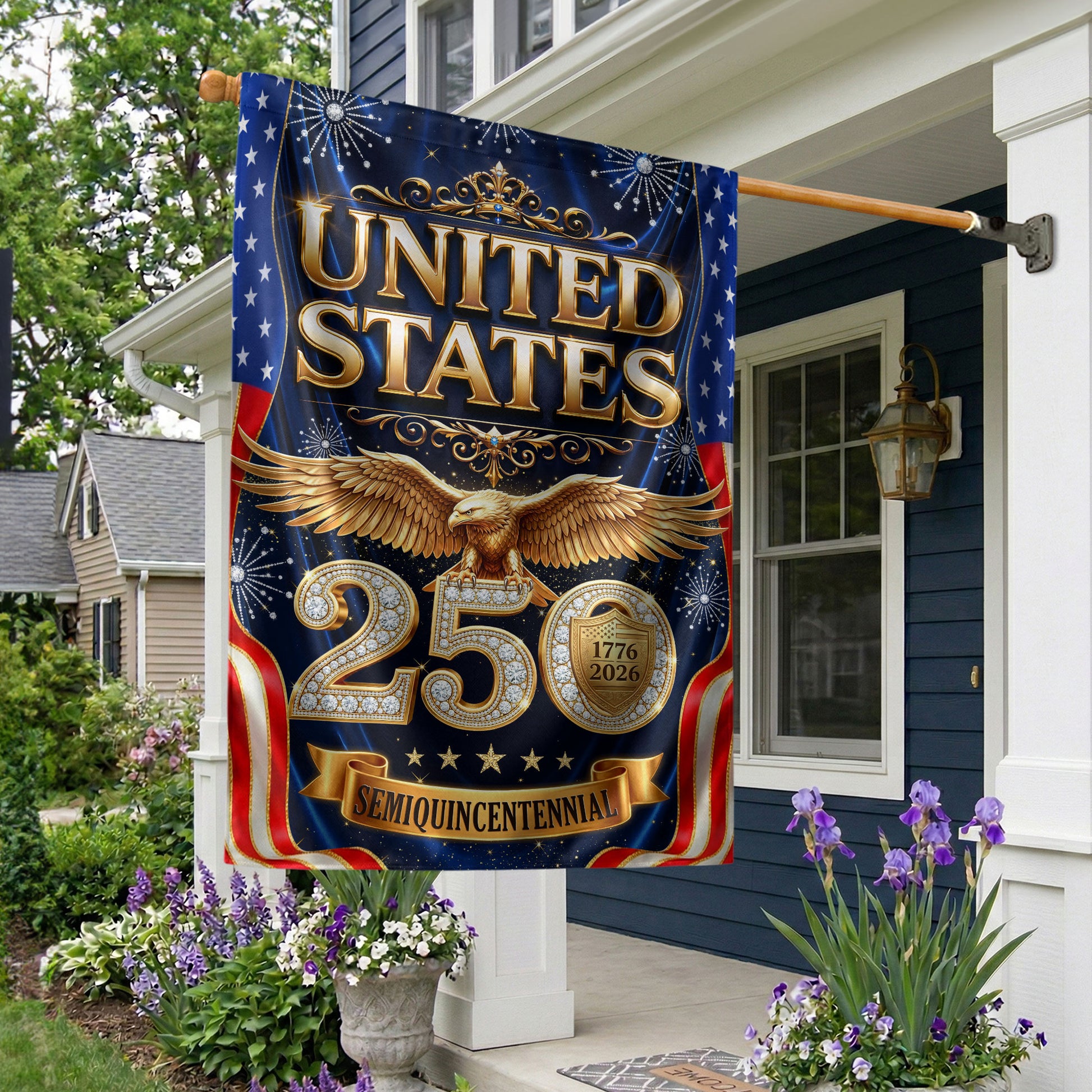 USA 250th Anniversary Garden Flag - Golden Eagle & Diamonds Patriotic Decor 1776-2026 - Rust Field Wear