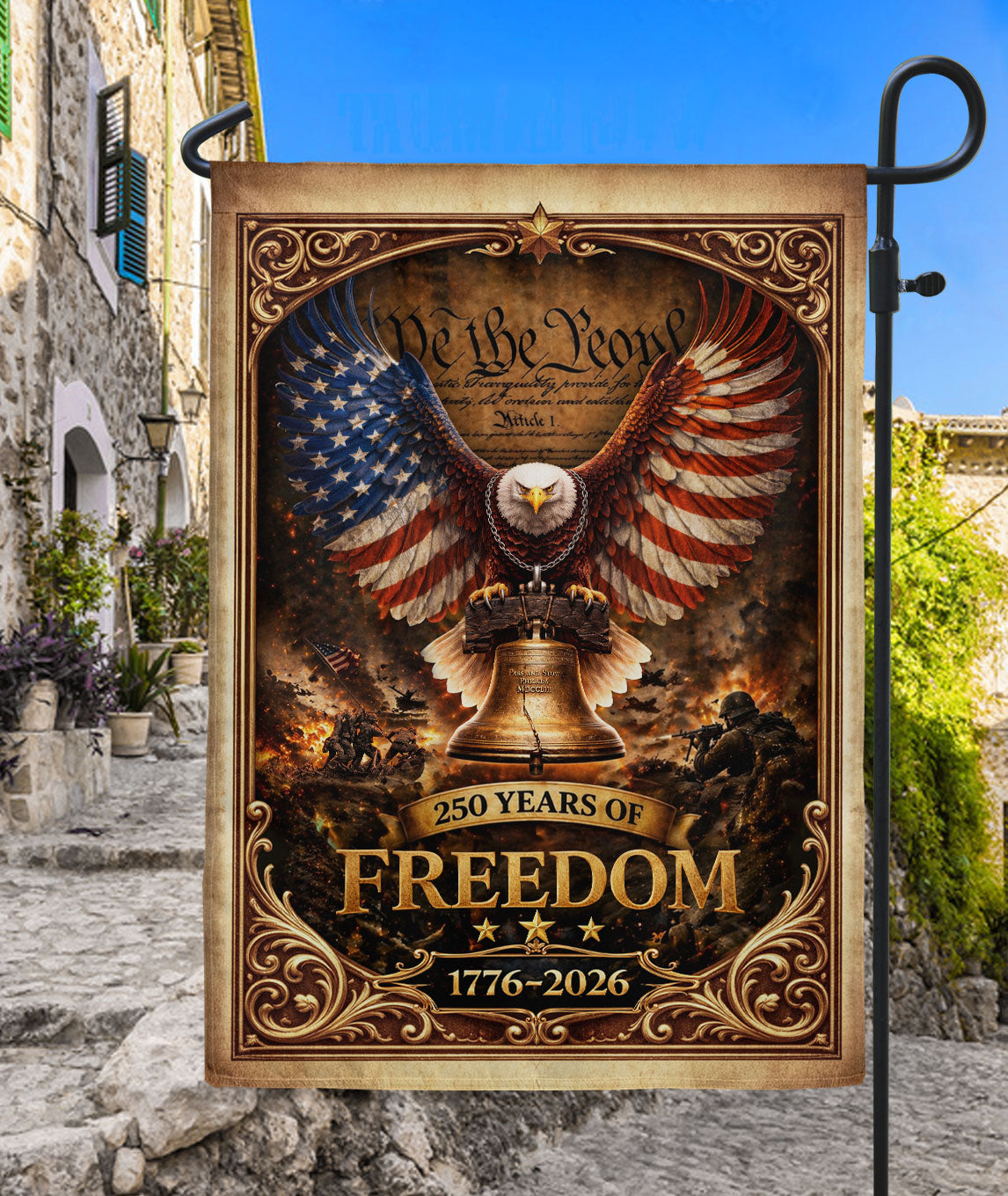 USA 250 Years of Freedom House Flag - Patriotic Eagle & Liberty Bell Outdoor Banner