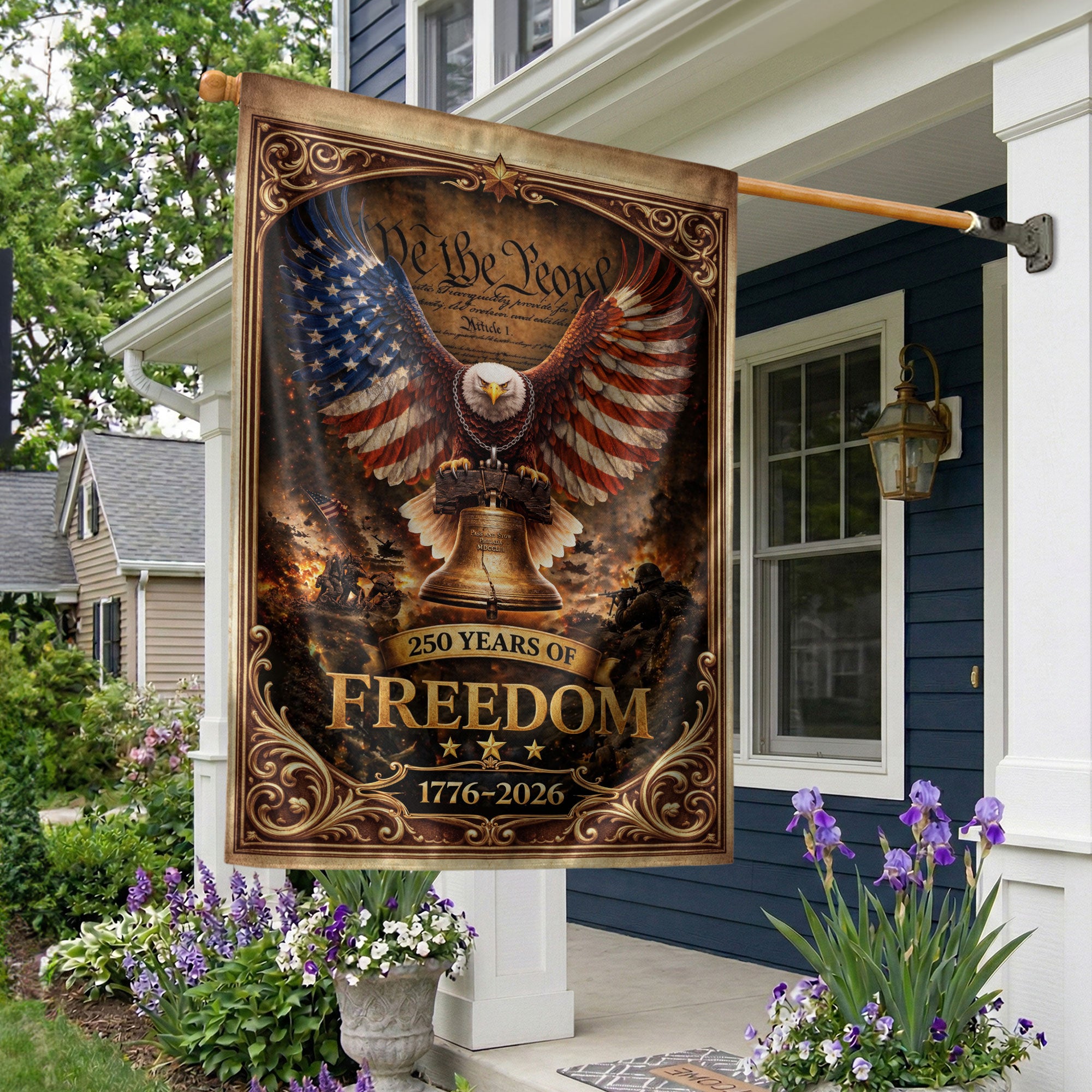 USA 250 Years of Freedom House Flag - Patriotic Eagle & Liberty Bell Outdoor Banner