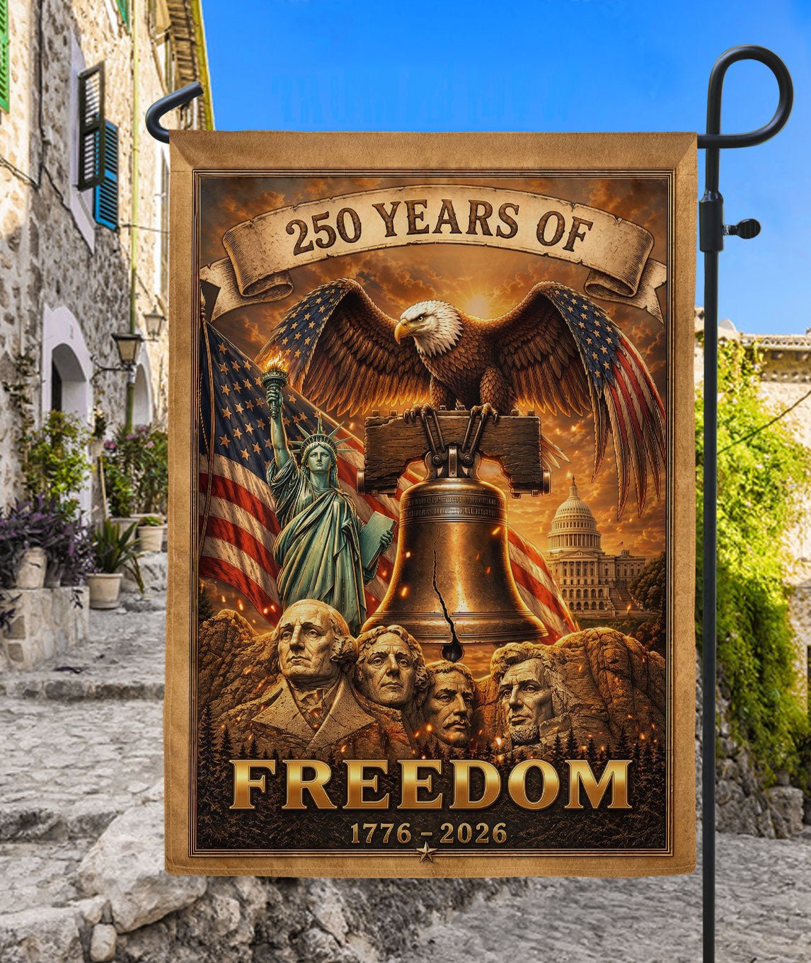 250th Anniversary Garden Flag - United States 1776-2026 Historic Icons Yard Decor - Rust Field Wear