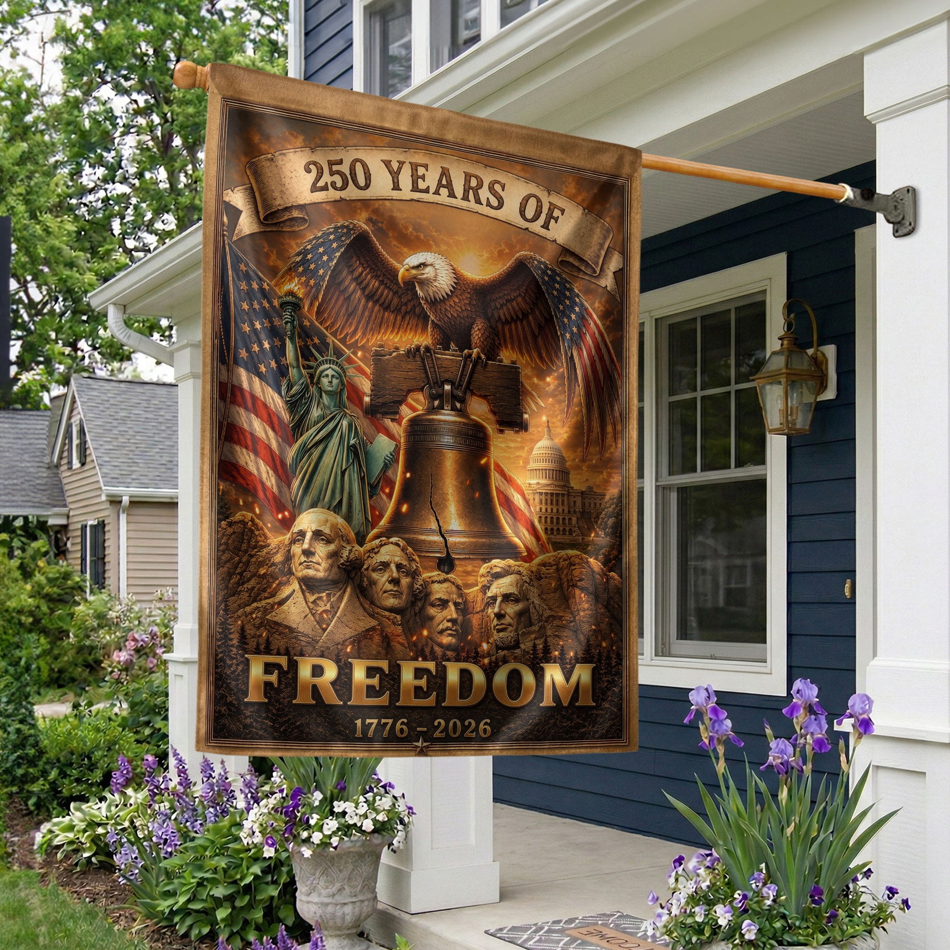 250th Anniversary Garden Flag - United States 1776-2026 Historic Icons Yard Decor - Rust Field Wear