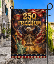 250th Anniversary Garden Flag - Majestic Patriotic Icons & Fireworks Yard Banner - Rust Field Wear