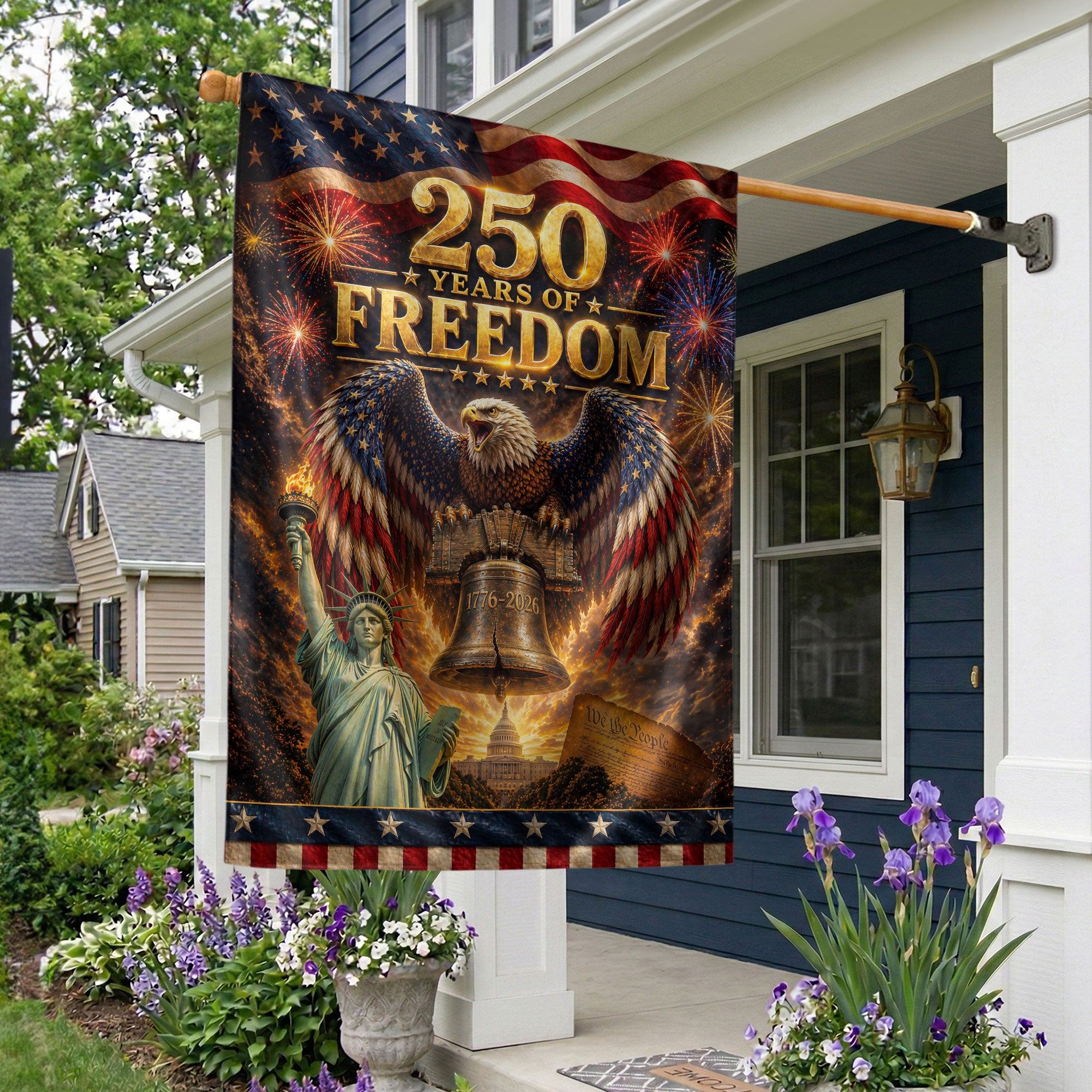 250th Anniversary Garden Flag - Majestic Patriotic Icons & Fireworks Yard Banner