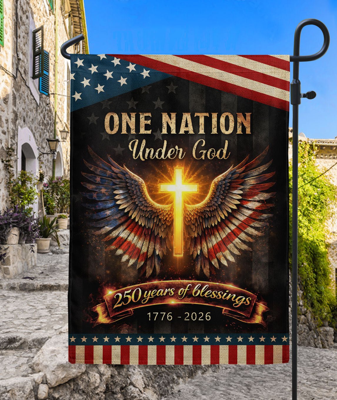 250 Years Garden Flag One Nation Under God Cross Wings Patriotic Decor 1776-2026 - Rust Field Wear
