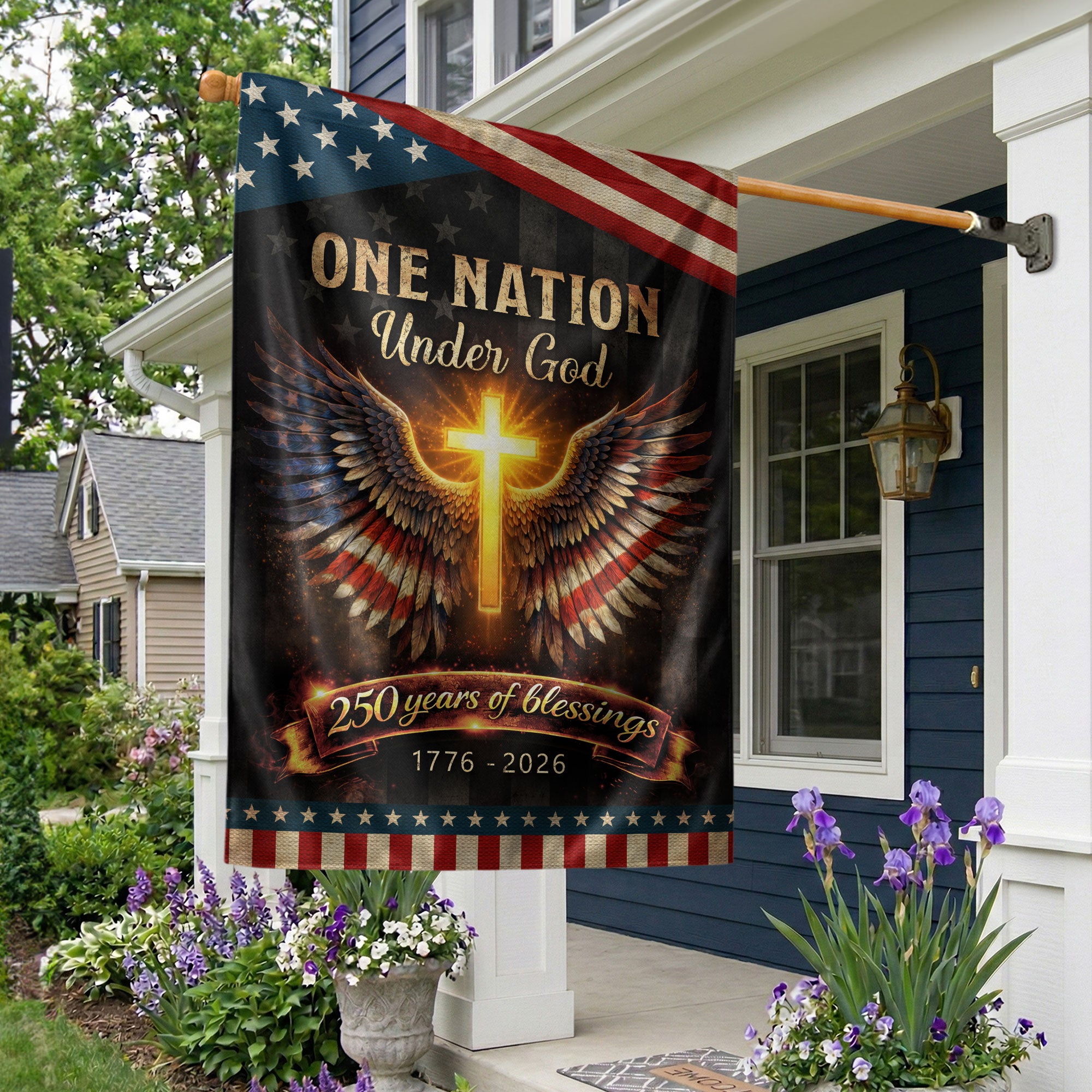 250th Anniversary House Flag One Nation Under God Cross Patriotic Banner 1776-2026