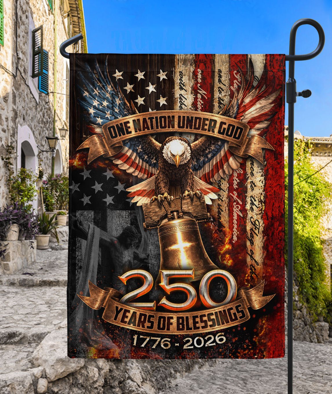 250th Anniversary House Flag One Nation Under God Eagle Patriotic Banner 1776-2026 - Rust Field Wear