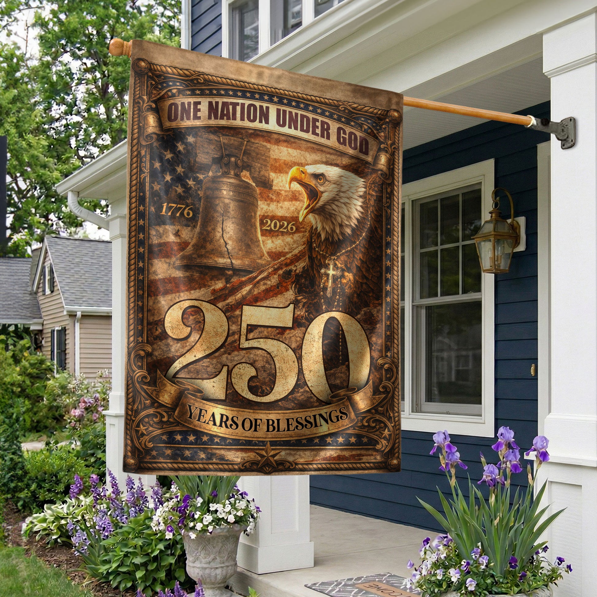 1776-2026 Anniversary Garden Flag 250 Years of Blessings One Nation Under God Eagle - Rust Field Wear