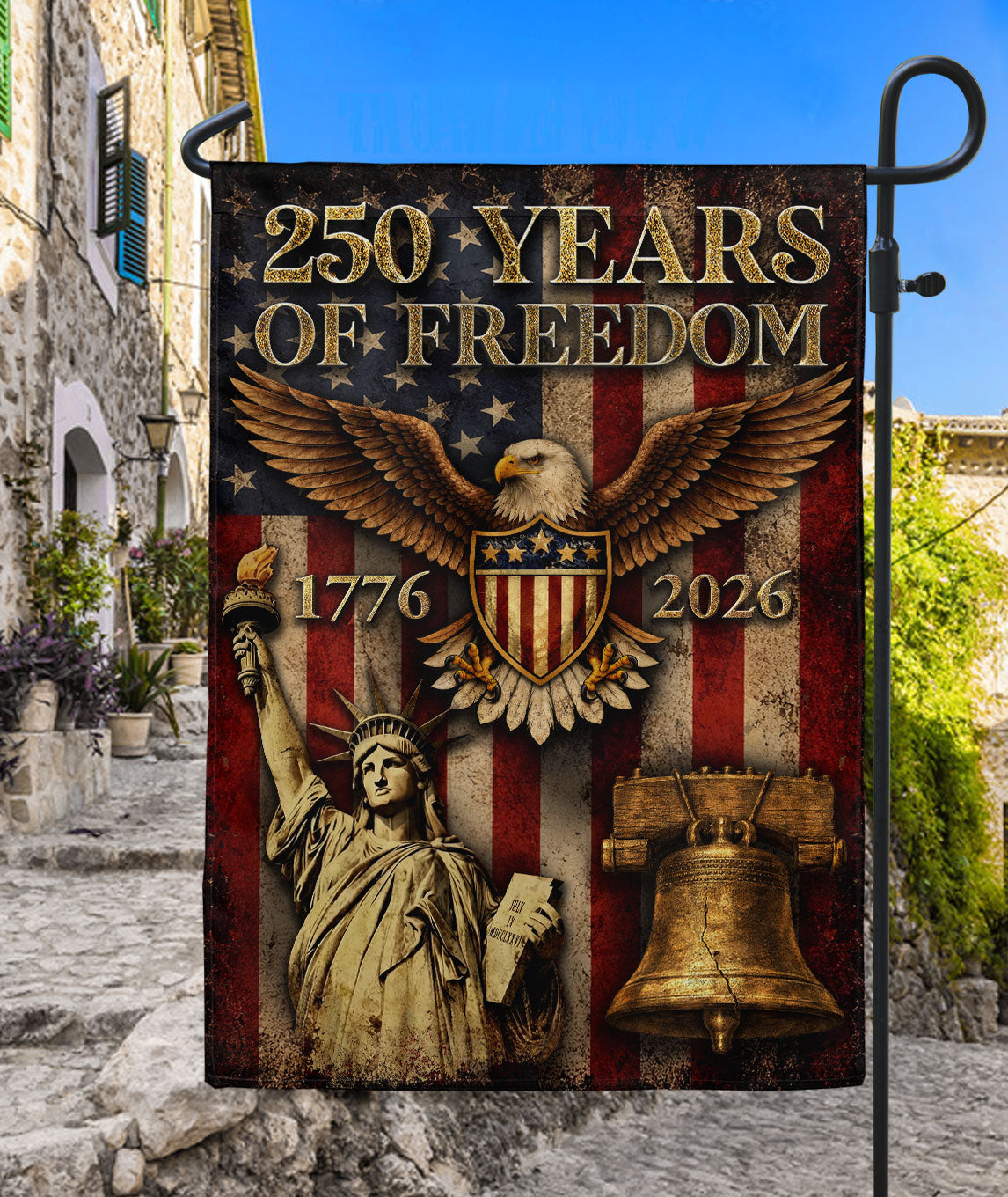 USA 250 Years of Freedom House Flag - Statue of Liberty & Liberty Bell Patriotic Banner