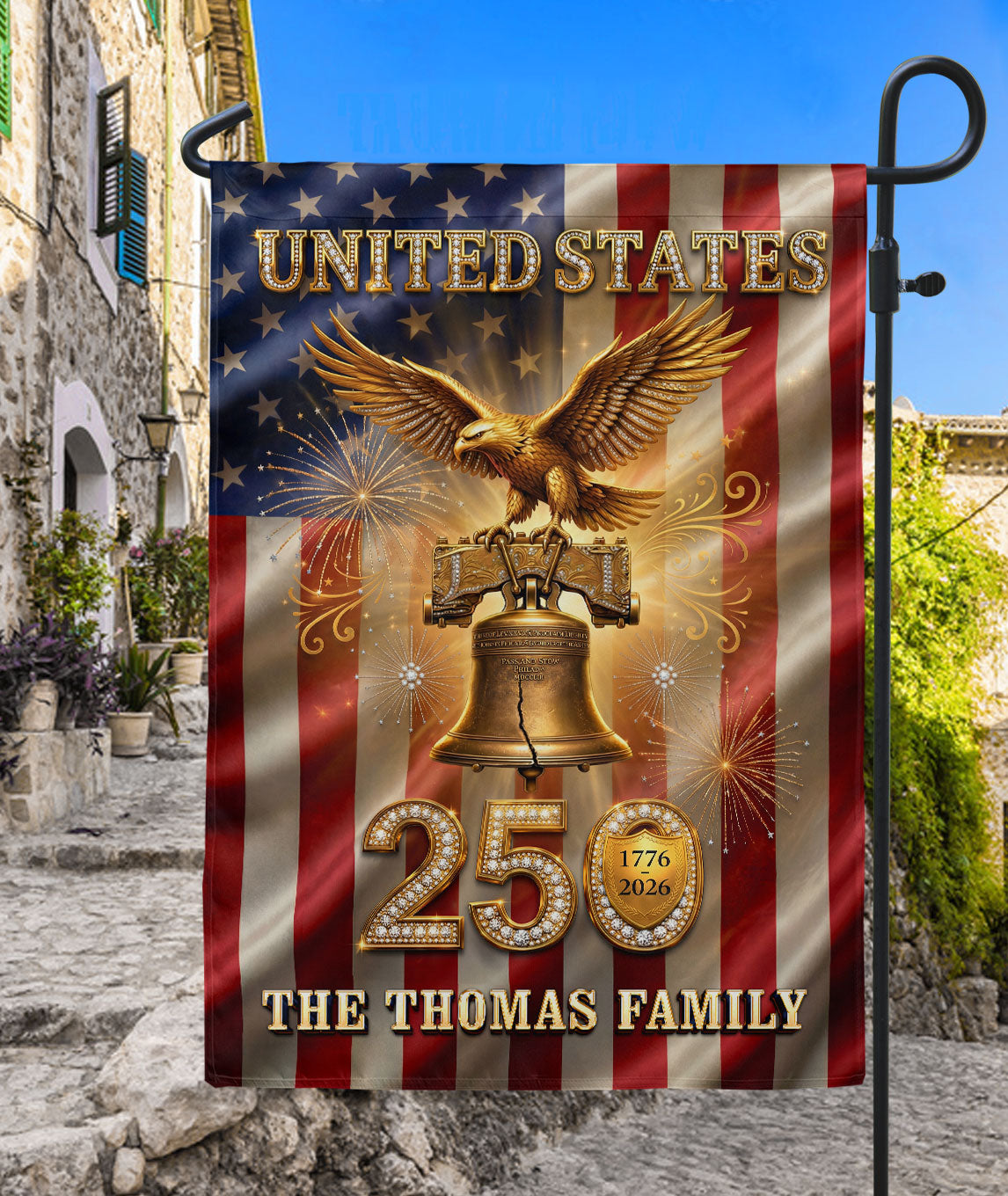 Custom Family Name United States 250 Years Liberty Bell Patriot Eagle Garden Flag