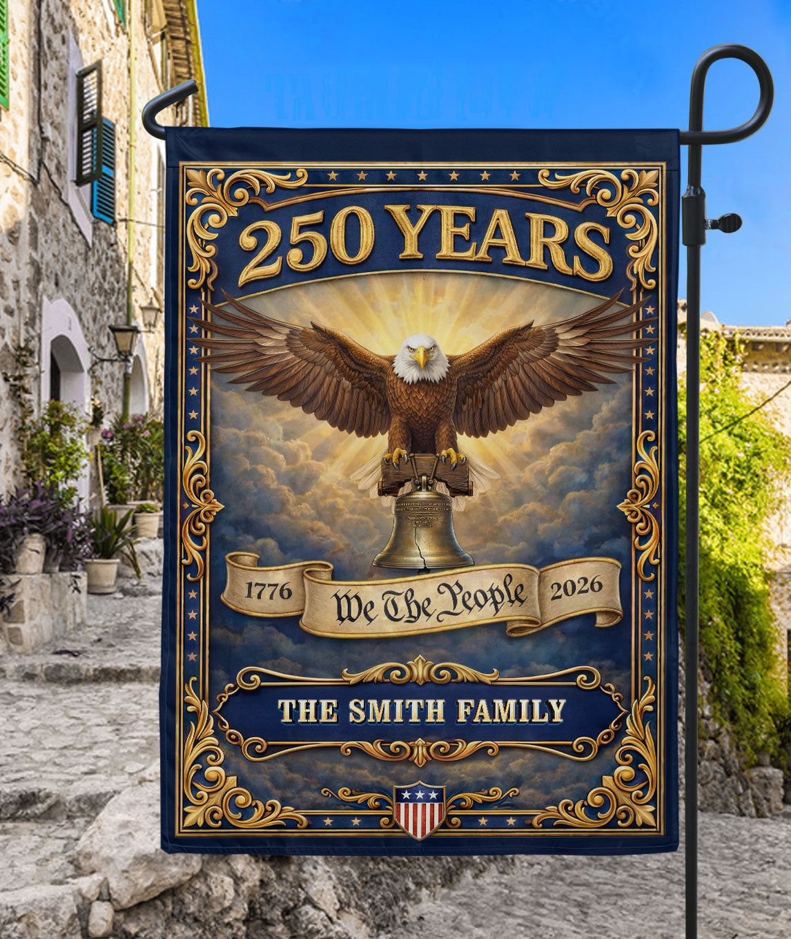 250 Years 1776-2026 Custom Family Name We The People Liberty Bell Patriot Eagle Garden Flag