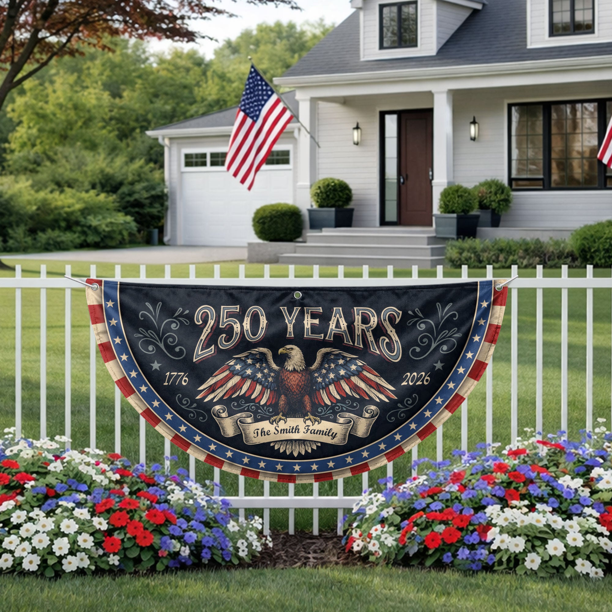 250 Years 1776-2026 Patriotic Fence Flag - Custom Family Name Eagle Outdoor Banner