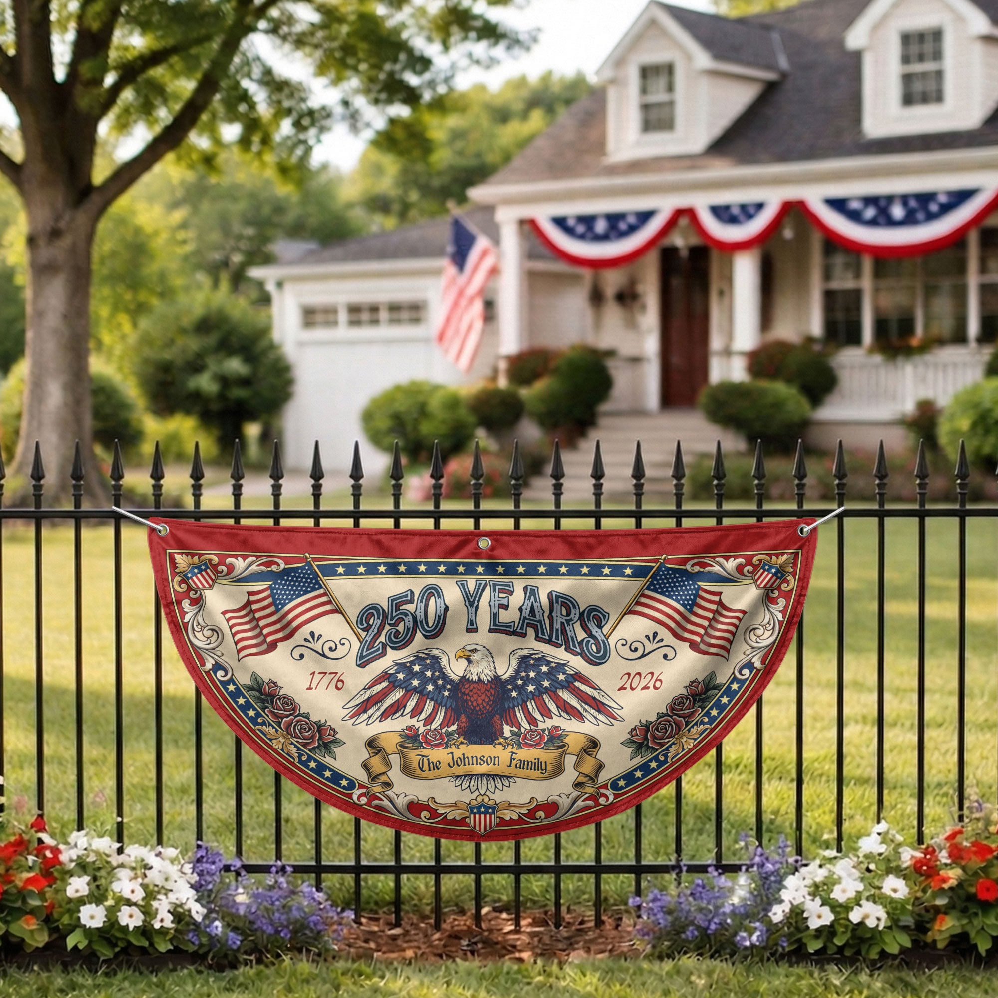 250 Years 1776-2026 American Anniversary Fence Flag - Custom Family Name Patriot Bunting