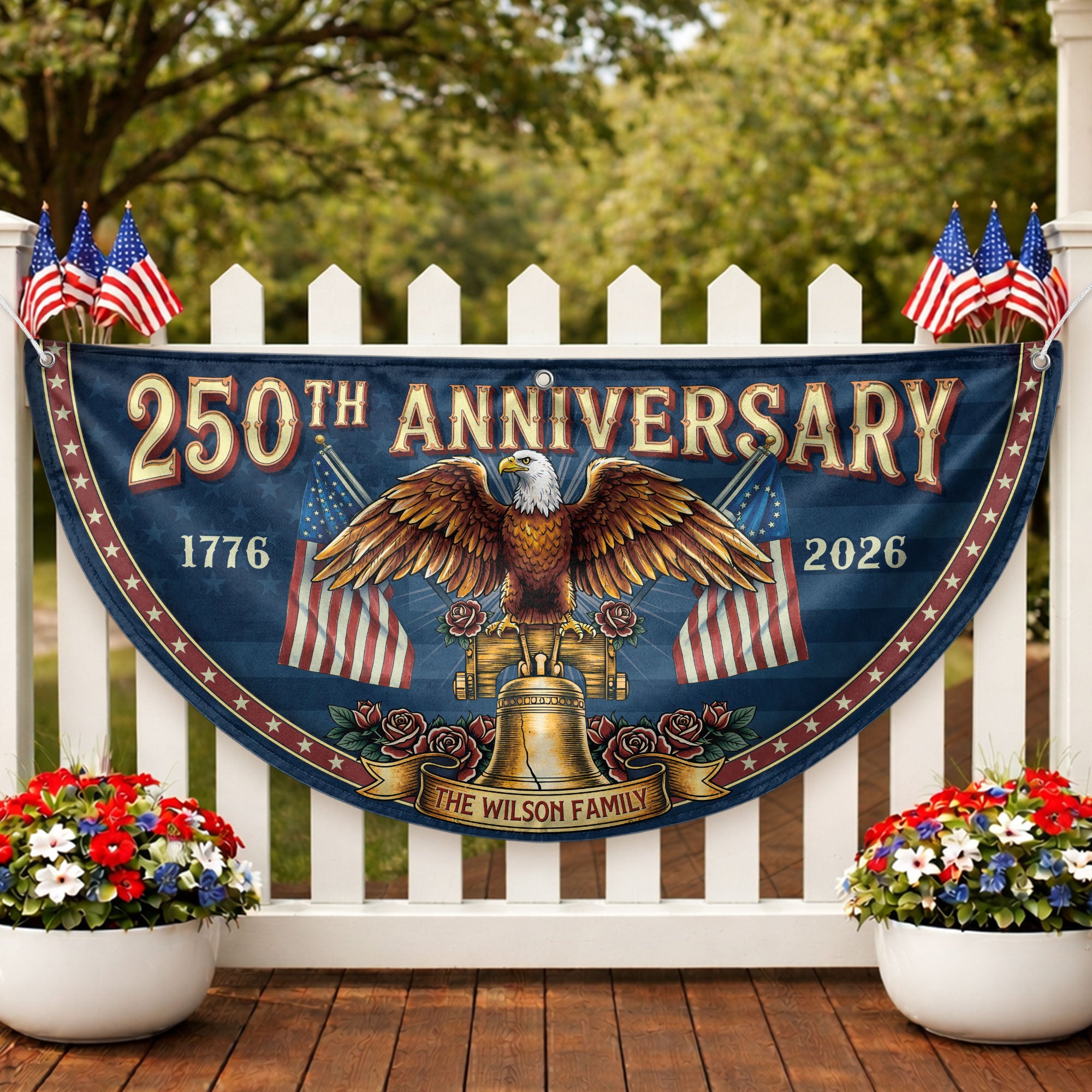 250th Anniversary 1776-2026 Liberty Bell Custom Family Name Patriot Fence Flag Banner