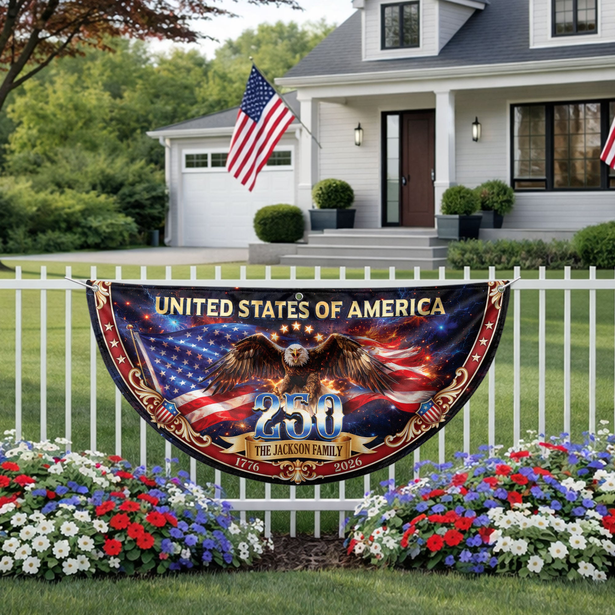 United States 250 Years Custom Family Name Fence Flag - 1776-2026 Patriot Bunting Decor