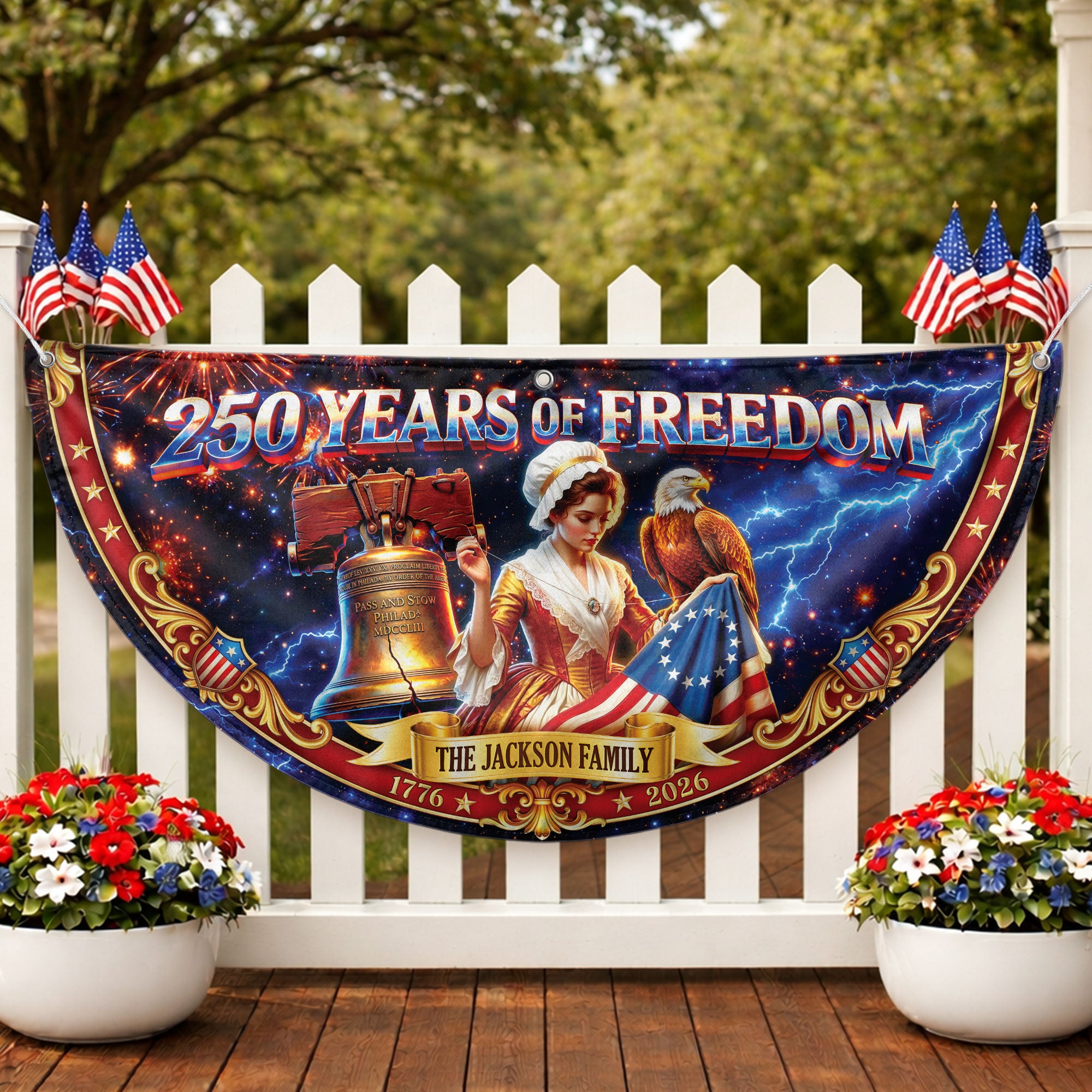 Custom Family Name 250 Years of Freedom Betsy Ross Patriot 1776-2026 Fence Flag Banner