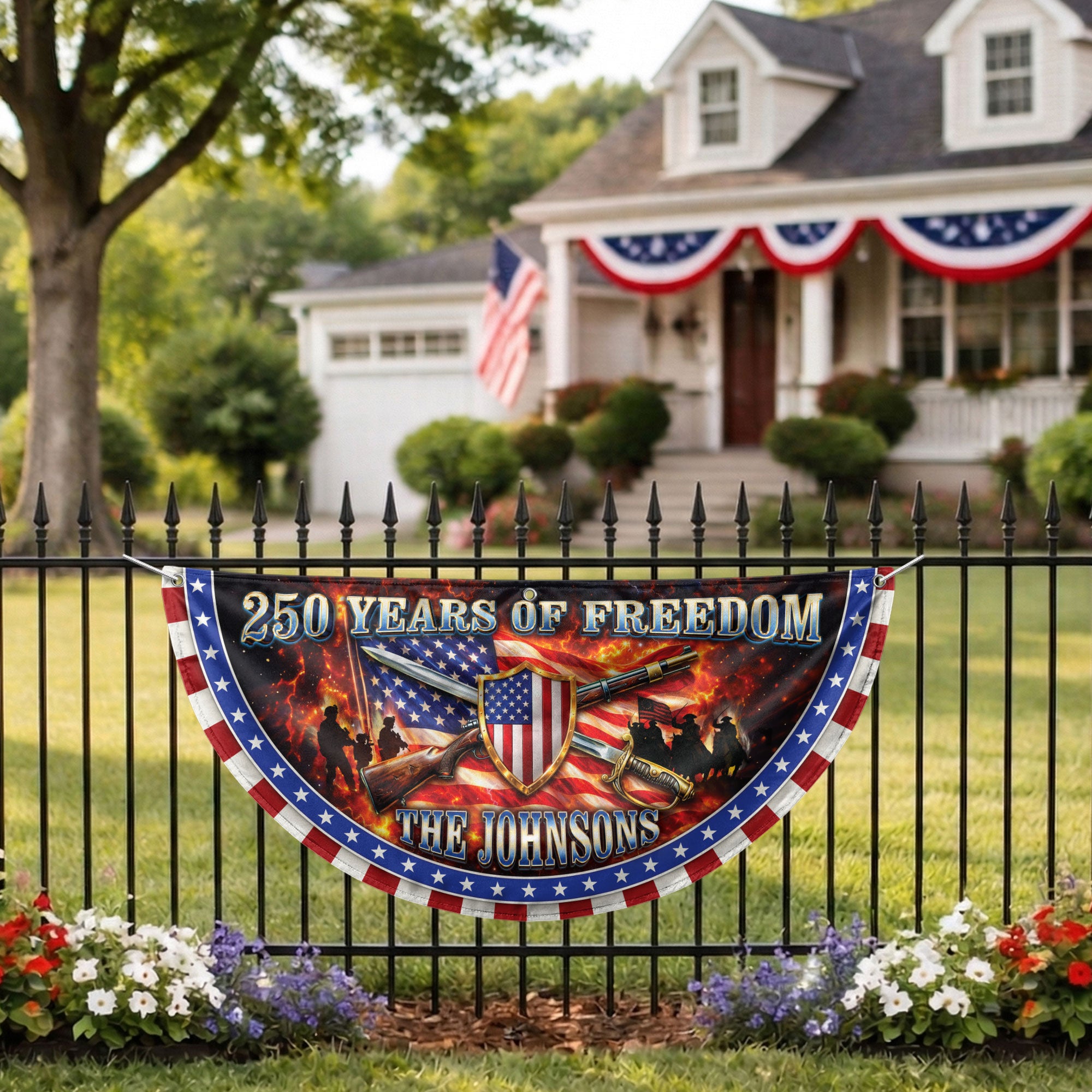 Custom Family Name 250 Years of Freedom Patriot Shield 1776-2026 Bunting Fence Flag