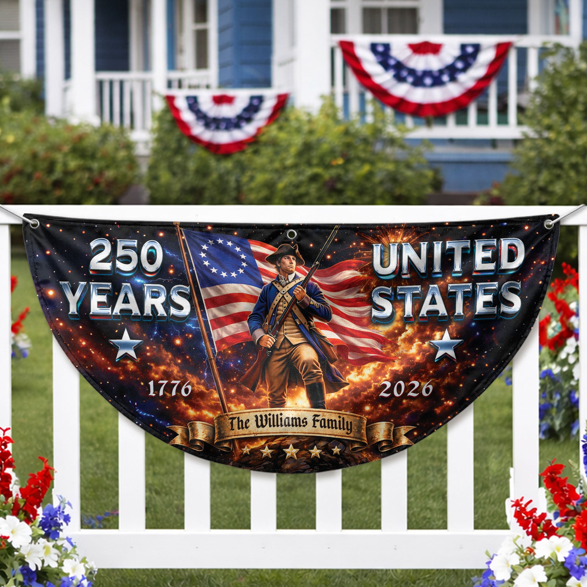 Custom Family Name 1776-2026 United States Patriot Soldier Bunting Banner Fence Flag