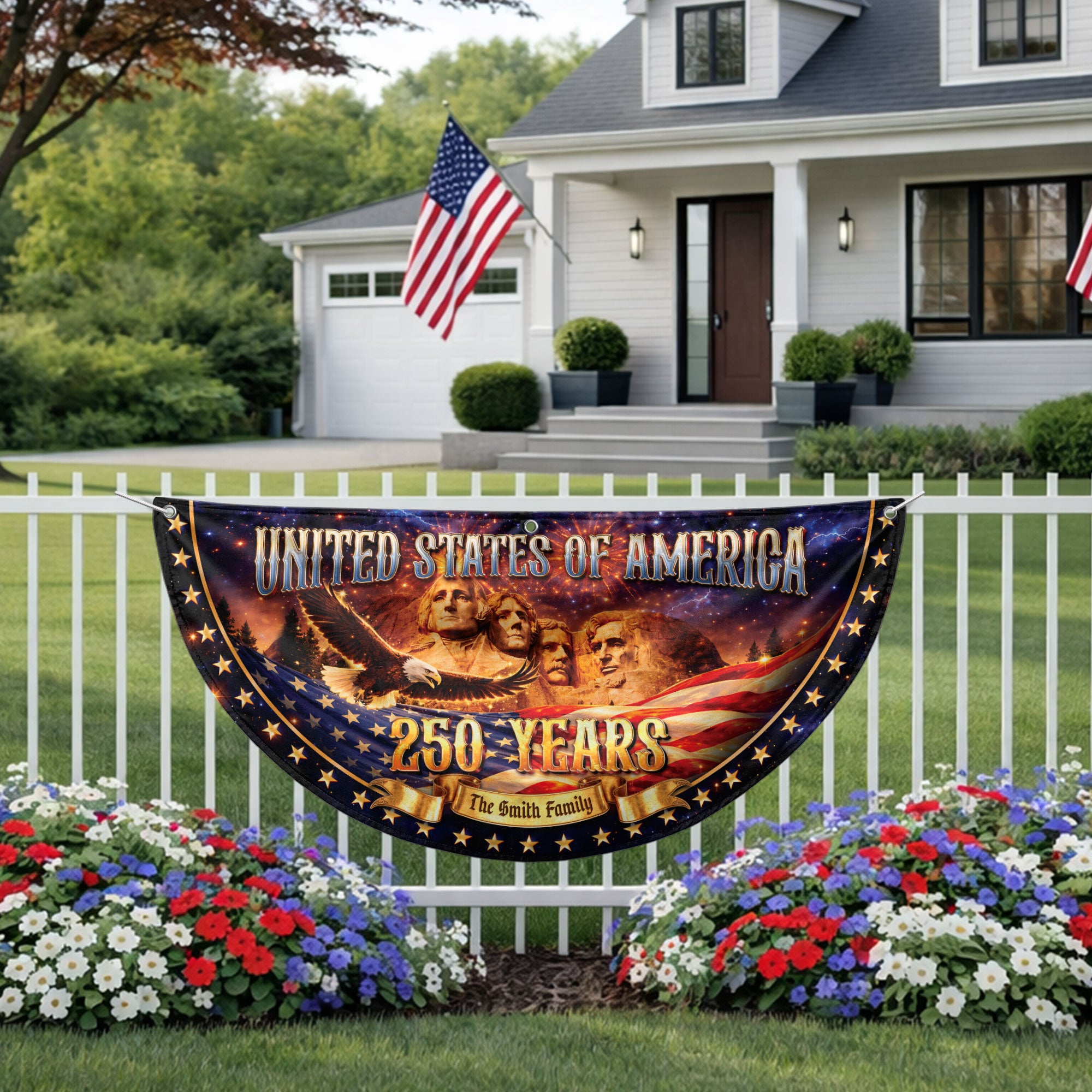 Custom Family Name United States 250 Years Mount Rushmore Patriot Bunting Fence Flag