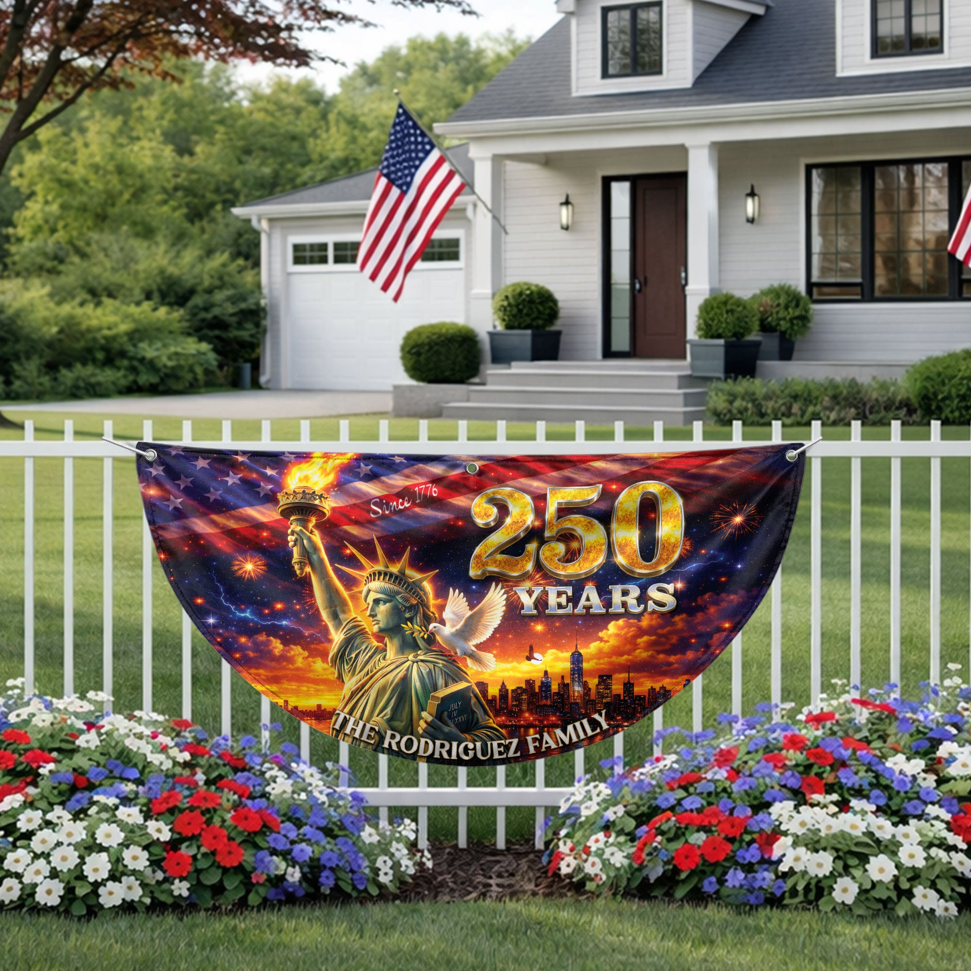 Custom Family Name 250 Years United States Statue of Liberty Patriot Bunting Fence Flag