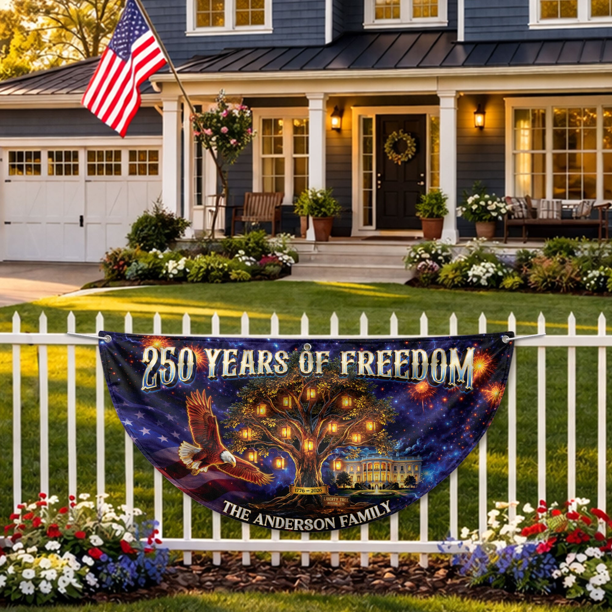 Custom Family Name 250 Years of Freedom Liberty Tree 1776-2026 Patriot Fence Flag Banner