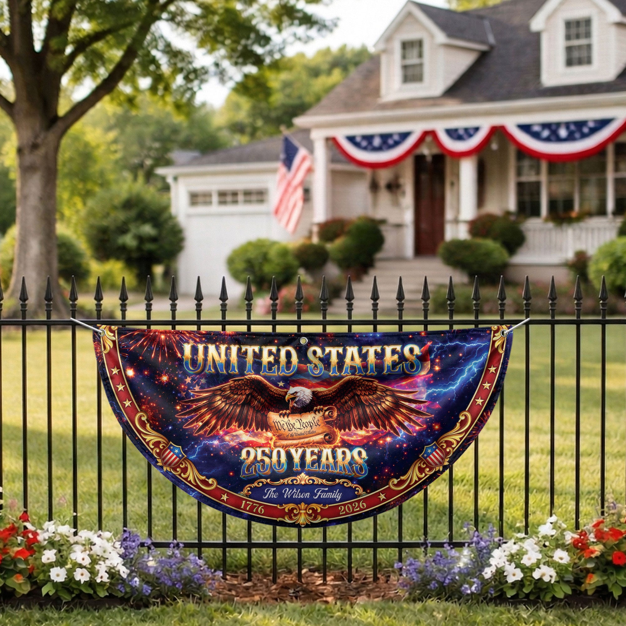 Custom Family Name 250 Years United States Patriot Eagle 1776-2026 Fence Flag Banner