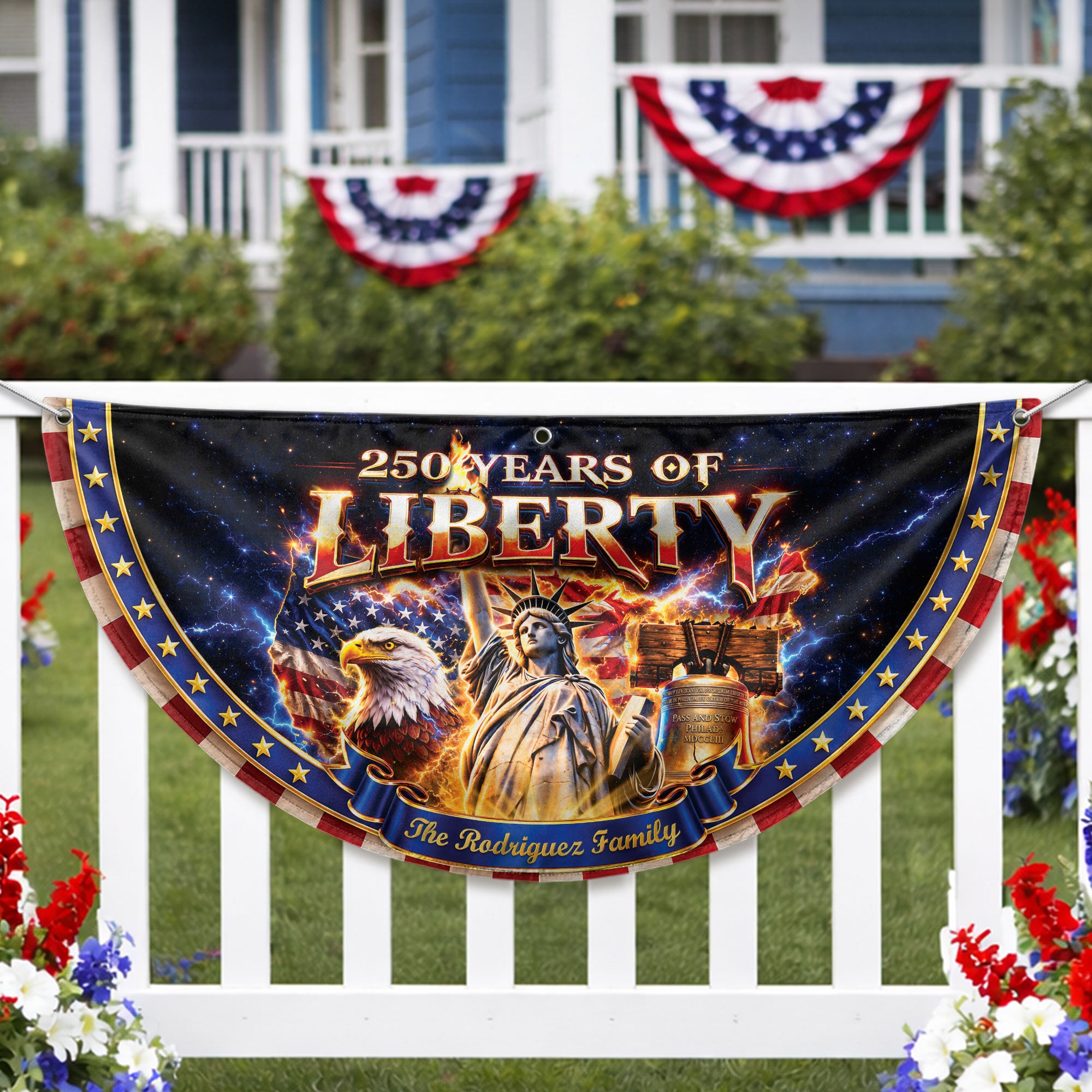 United States 250 Years Custom Family Name Fence Flag - 1776-2026 Patriot Liberty Decor