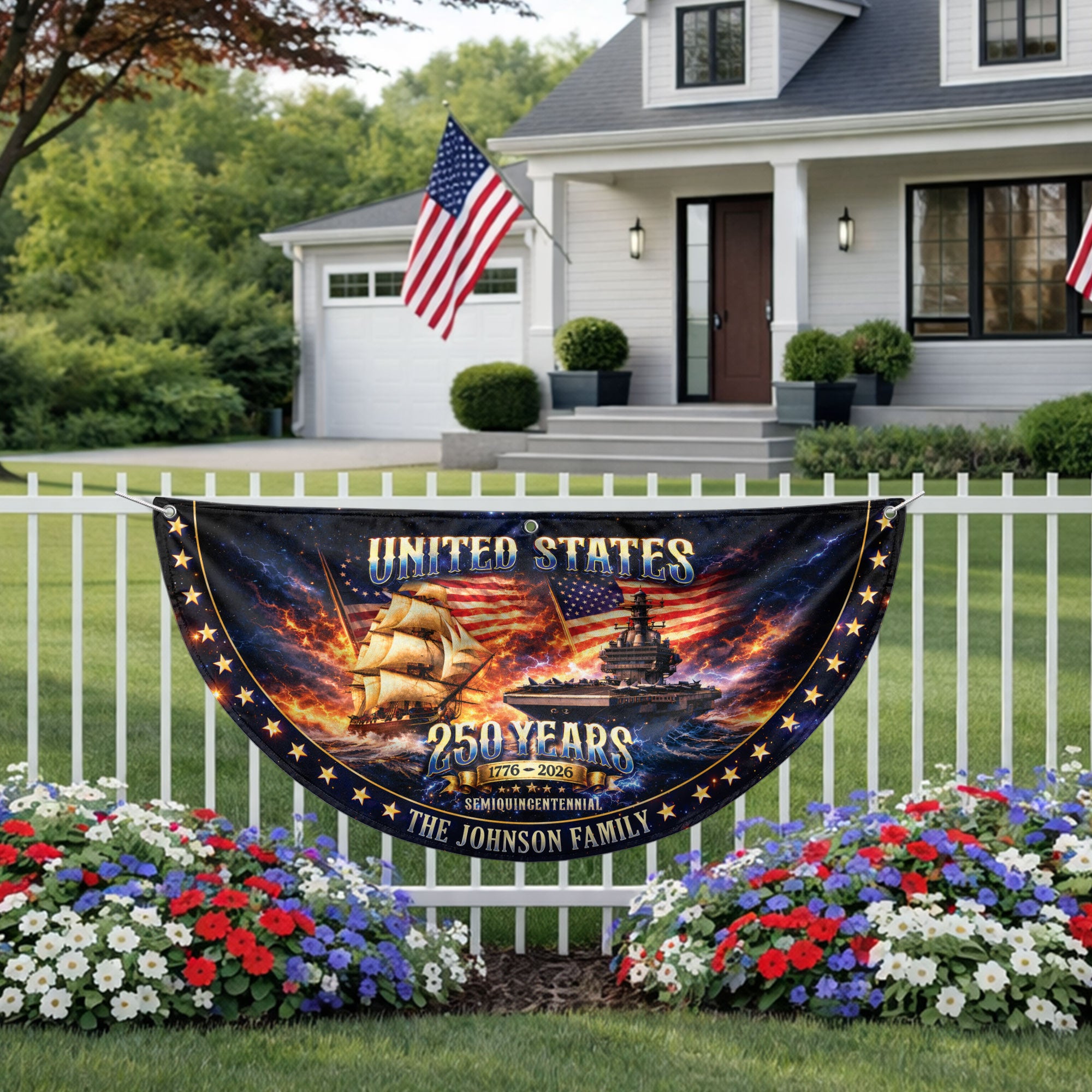 United States 250 Years Custom Family Name Fence Flag - 1776-2026 Patriot Navy Bunting