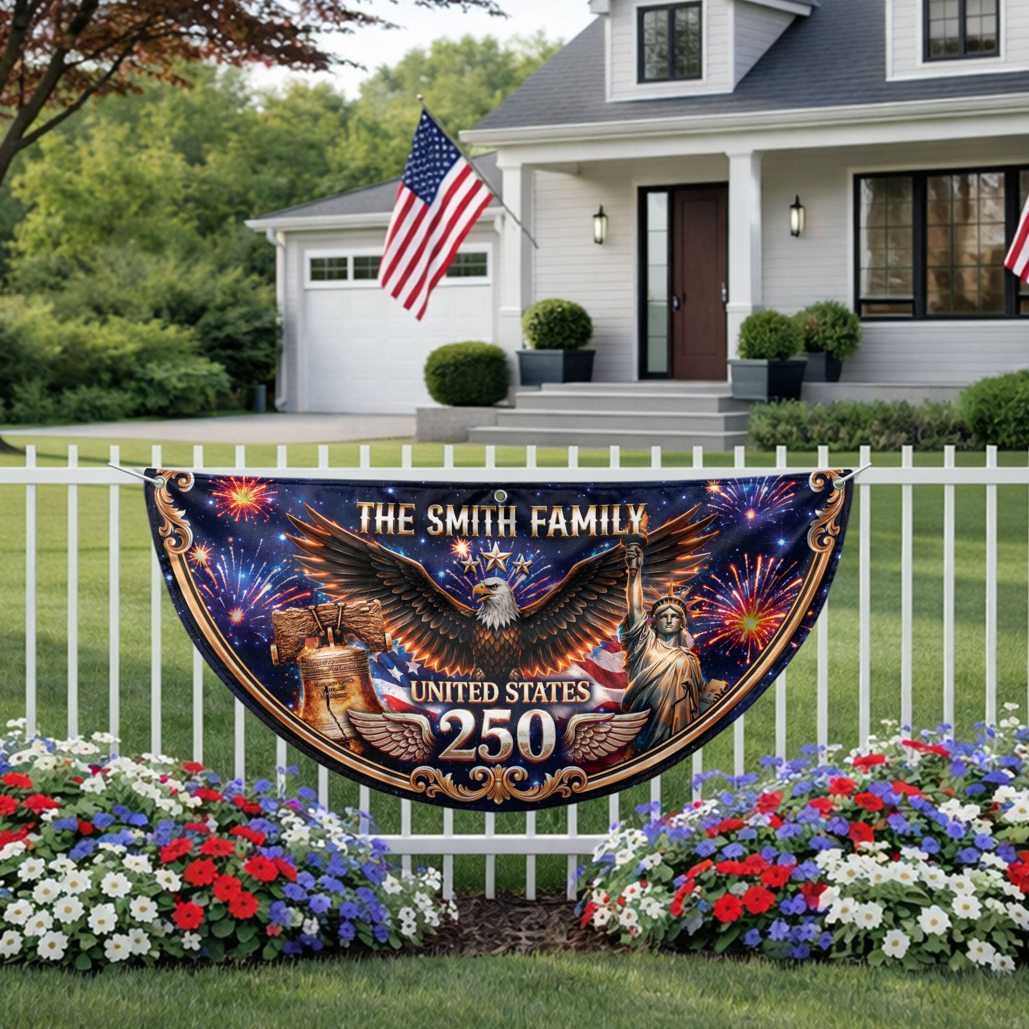 Personalized Family Name 1776-2026 United States Patriot Eagle Statue of Liberty Fence Flag