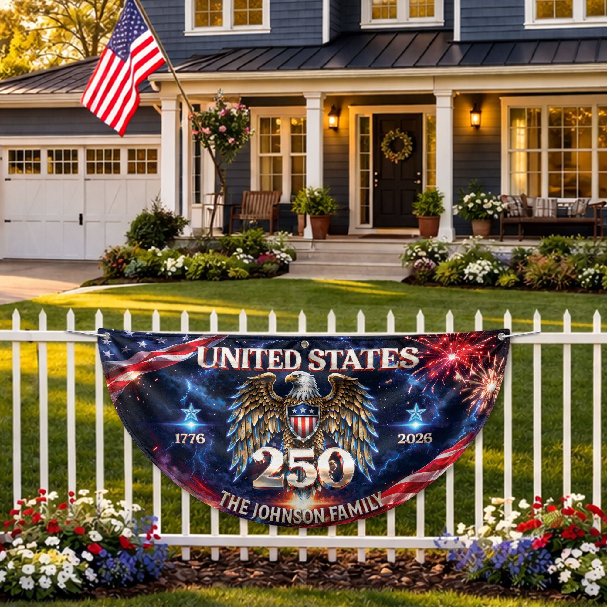 Custom Family Name United States 250 Years Patriot Eagle 1776-2026 Bunting Fence Flag