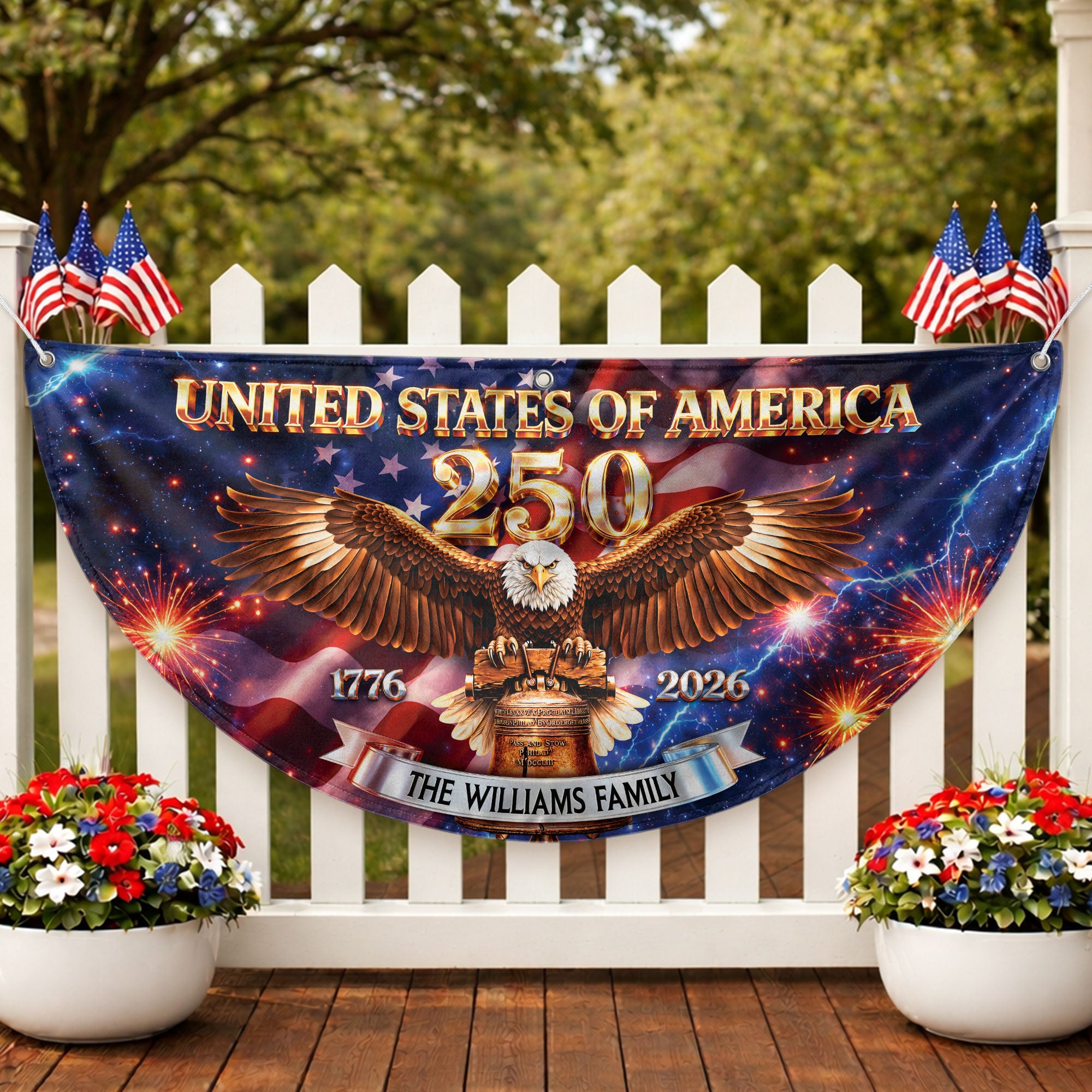Personalized Family Name 1776-2026 United States Patriot Eagle Liberty Bell Fence Flag