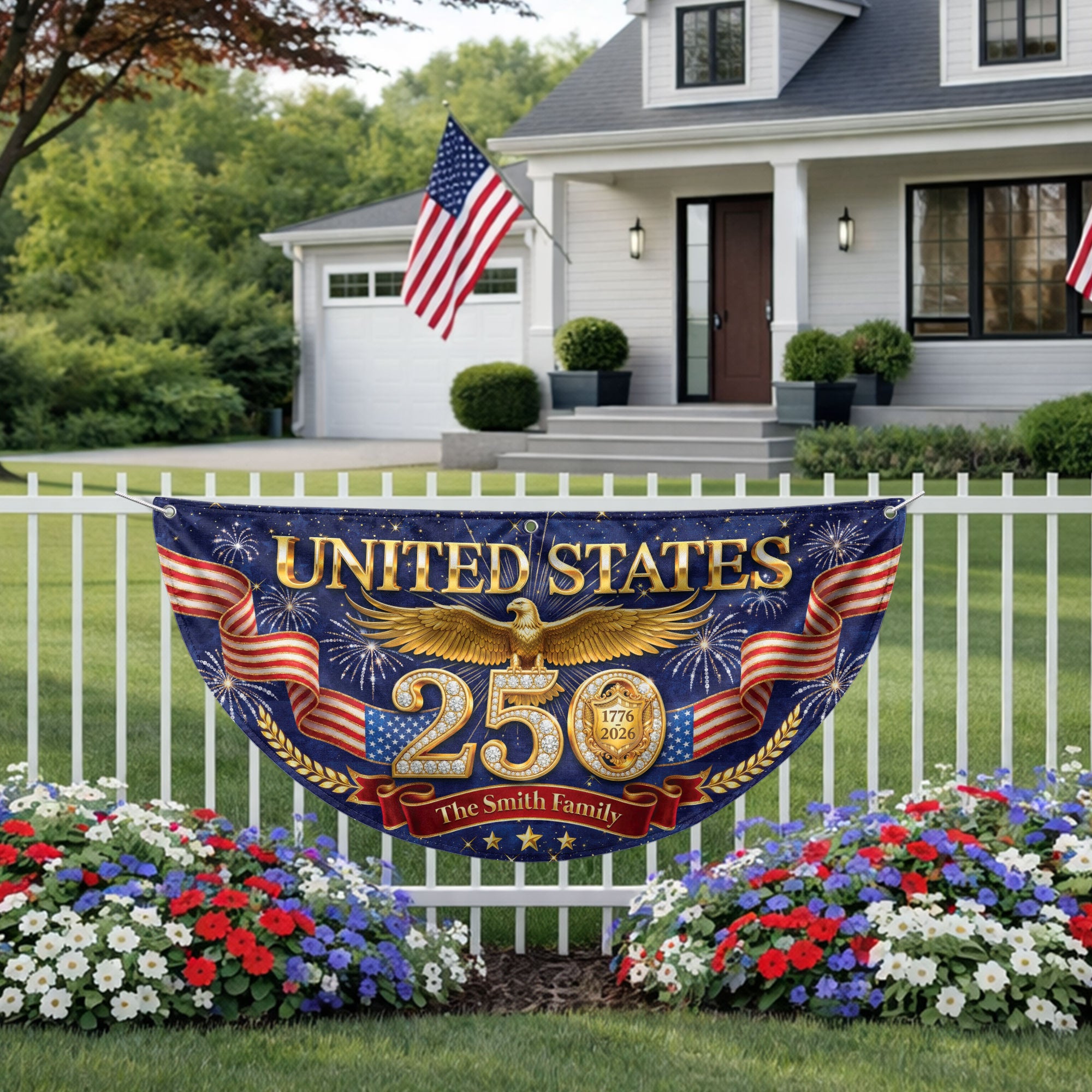 Custom Family Name 250th Anniversary USA Fence Flag Patriotic Golden Eagle Liberty Bell 1776-2026