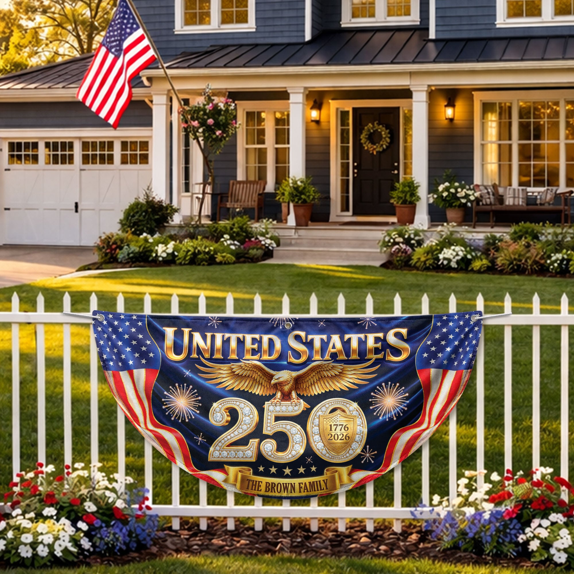 Custom Family Name United States 250 Years Patriot Golden Eagle 1776-2026 Fence Flag