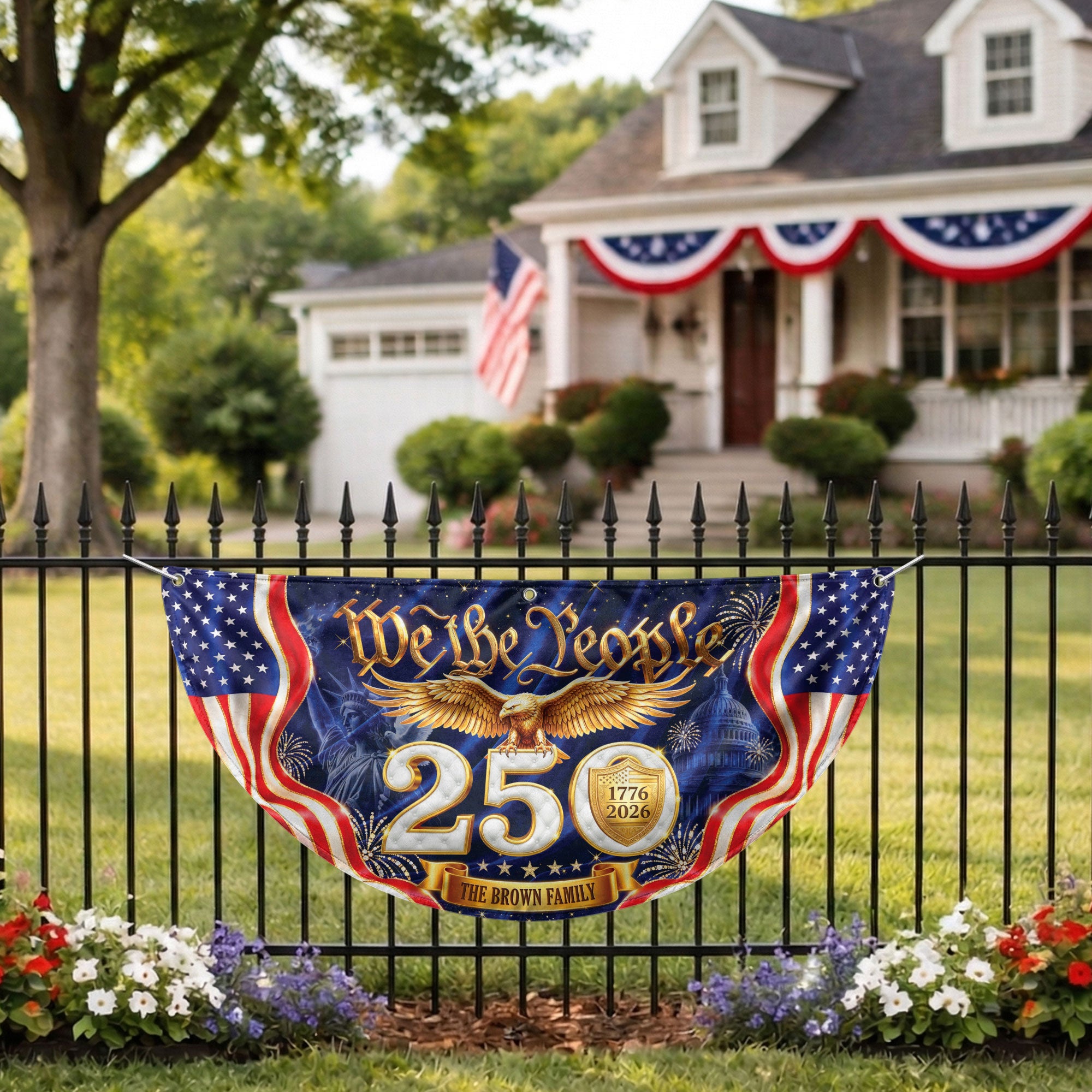 250th Anniversary USA Fence Flag We The People Eagle 1776-2026 Custom Family Name Banner