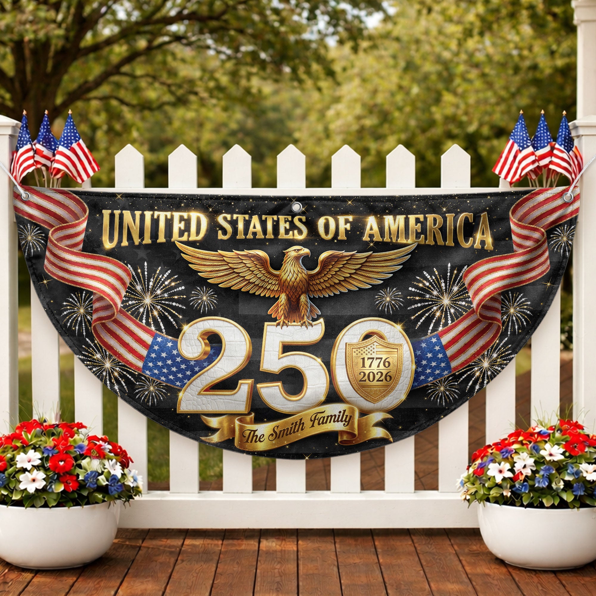 Personalized Family Name 1776-2026 United States Patriot Eagle Gold 250th Fence Flag