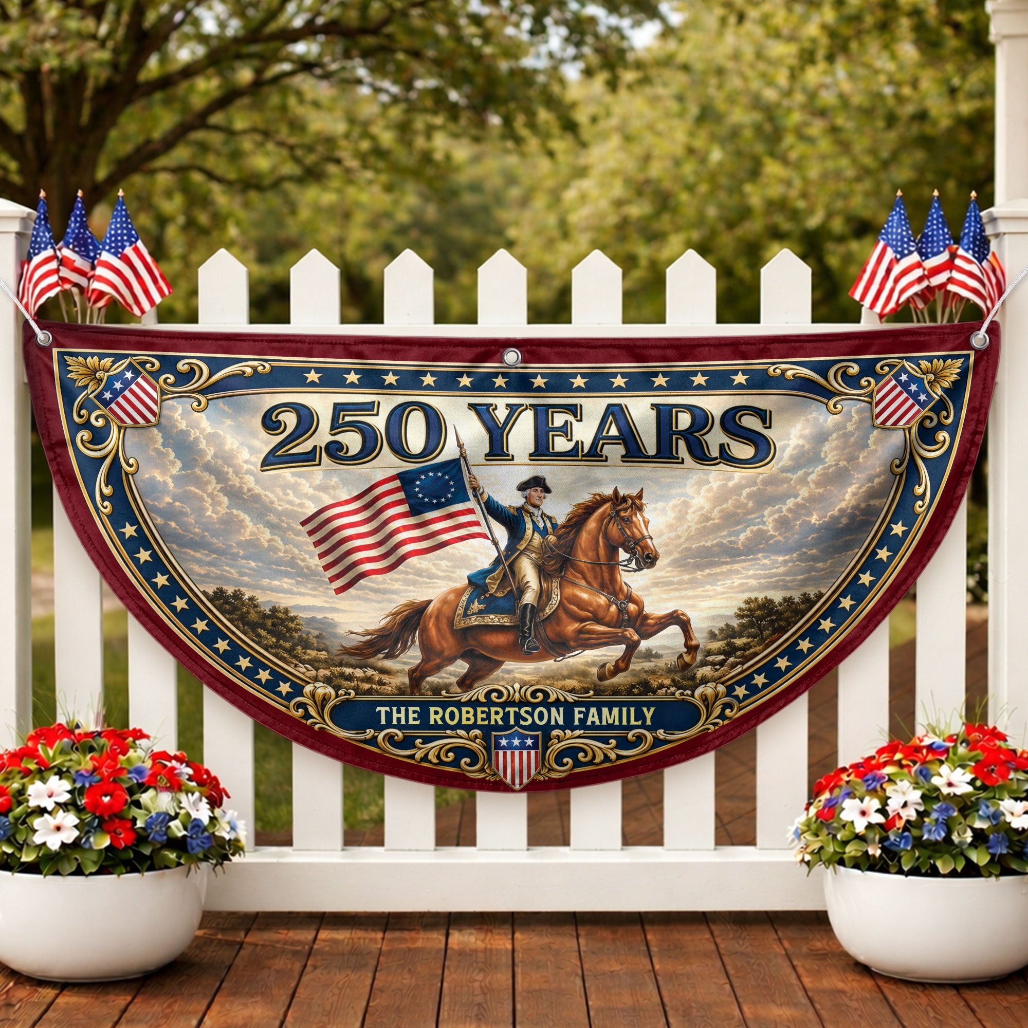 Custom Family Name 250 Years United States George Washington Patriot Bunting Fence Flag