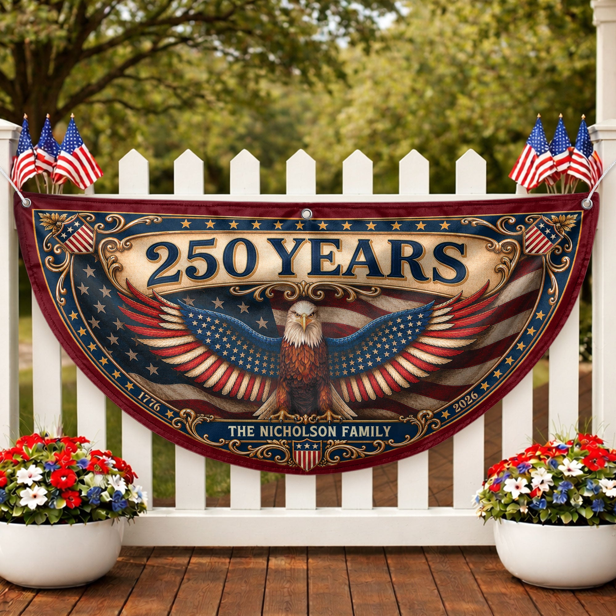 Personalized Family Name 1776-2026 United States Patriot Eagle Wings Bunting Banner
